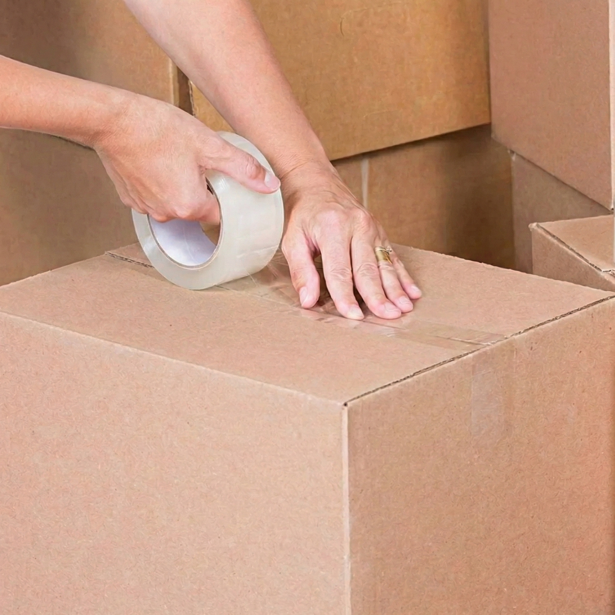 Person manually closing a cardboard box using clear packing tape for shipping or moving.