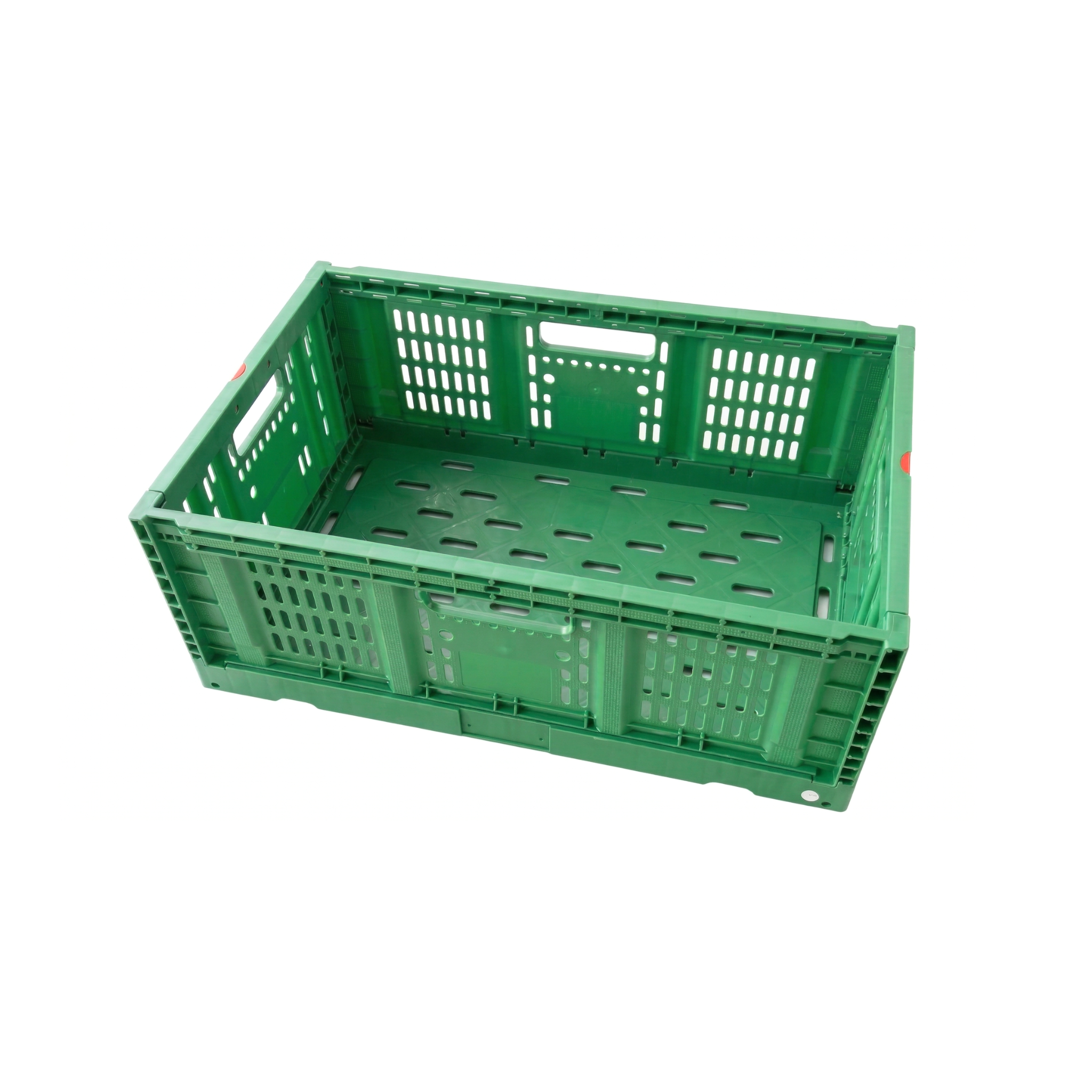 Caja plástica ventilada plegable verde para almacenamiento y transporte de frutas y verduras.