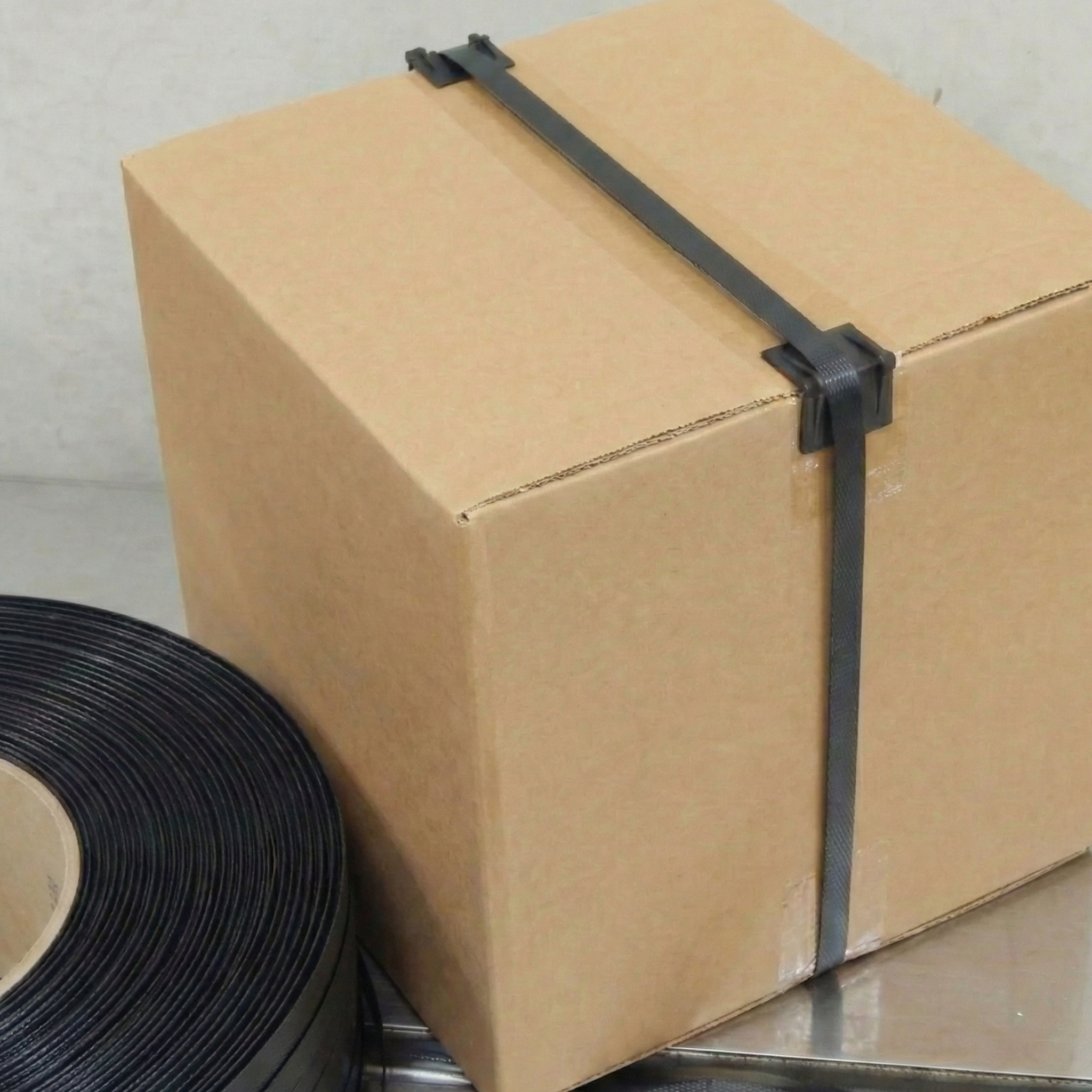 Black plastic corner protector shielding the edges of a cardboard box during strap tensioning in Santo Domingo.