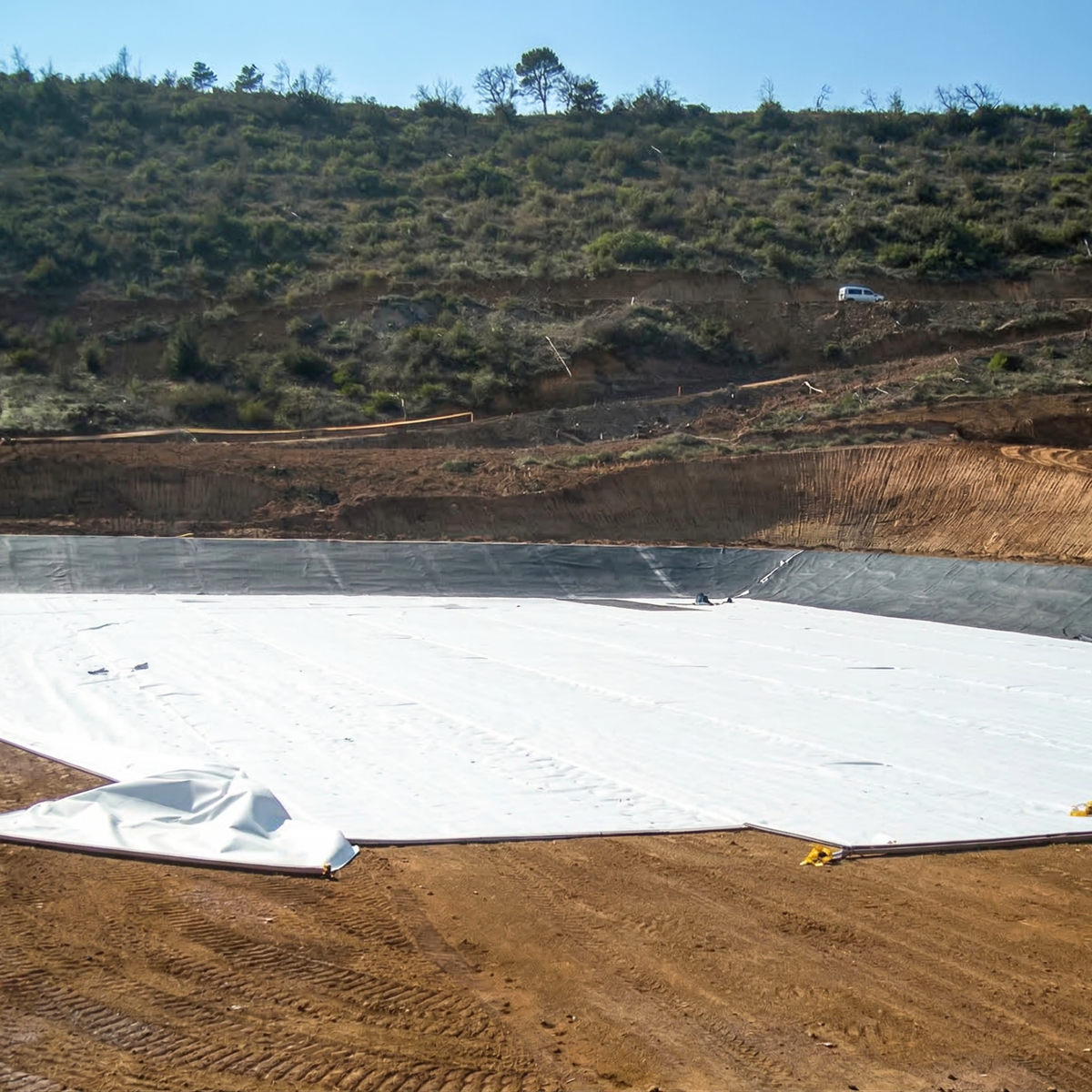 Vaste surface de terrain recouverte de géocomposite de drainage prêt à être enfoui.