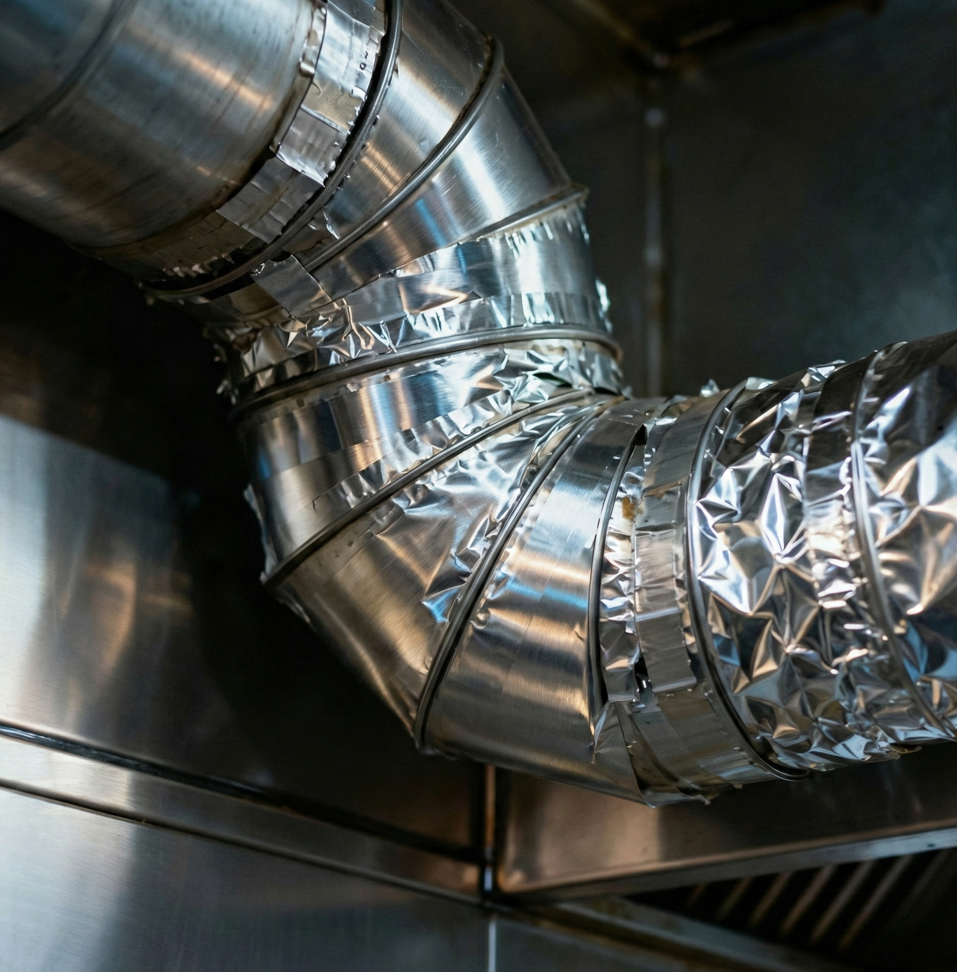Ducto flexible de ventilación sellado herméticamente con cinta plateada de aluminio para sistemas de aire acondicionado.