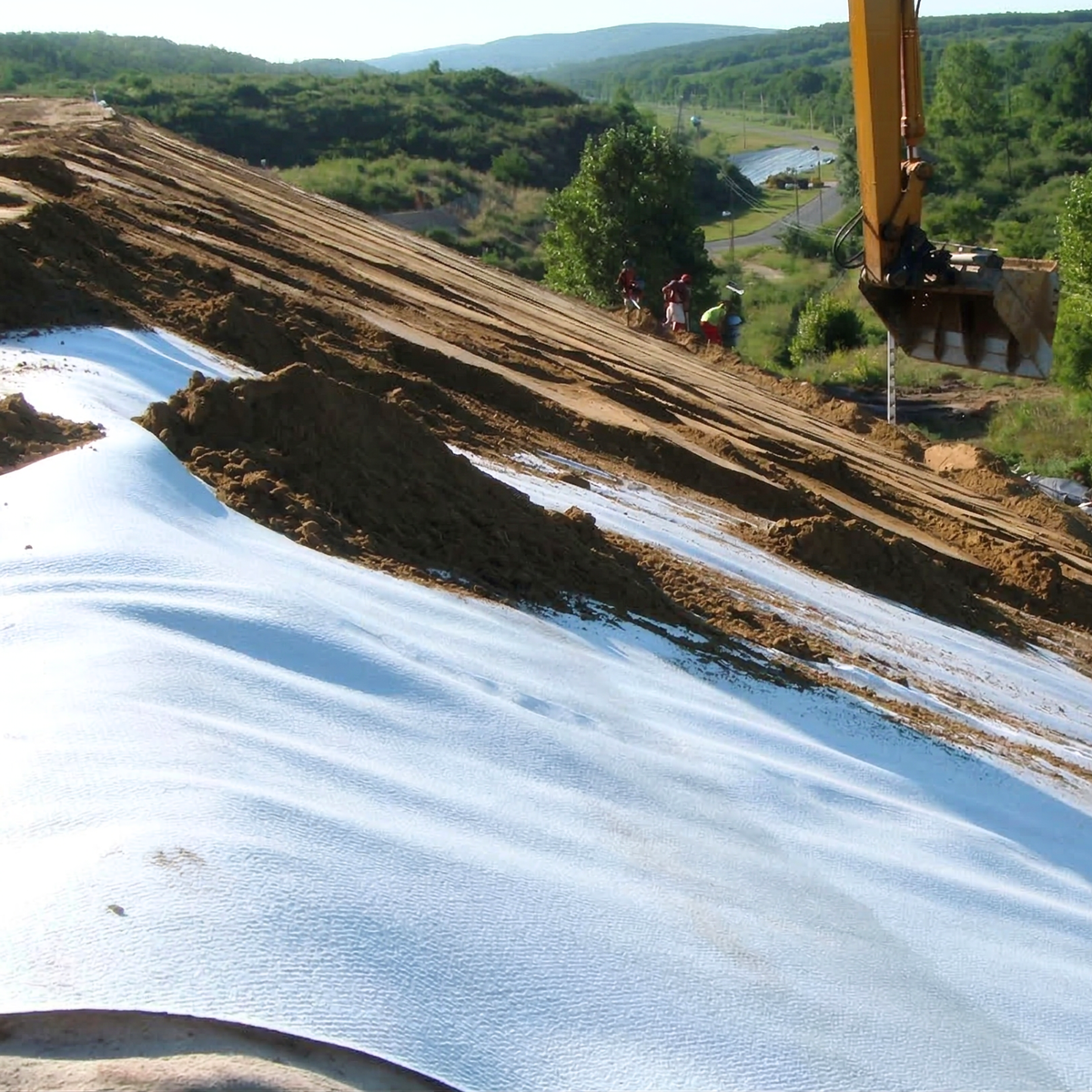 Pelleteuse plaçant des matériaux sur la feuille drainante installée pour la stabilisation d'un talus.
