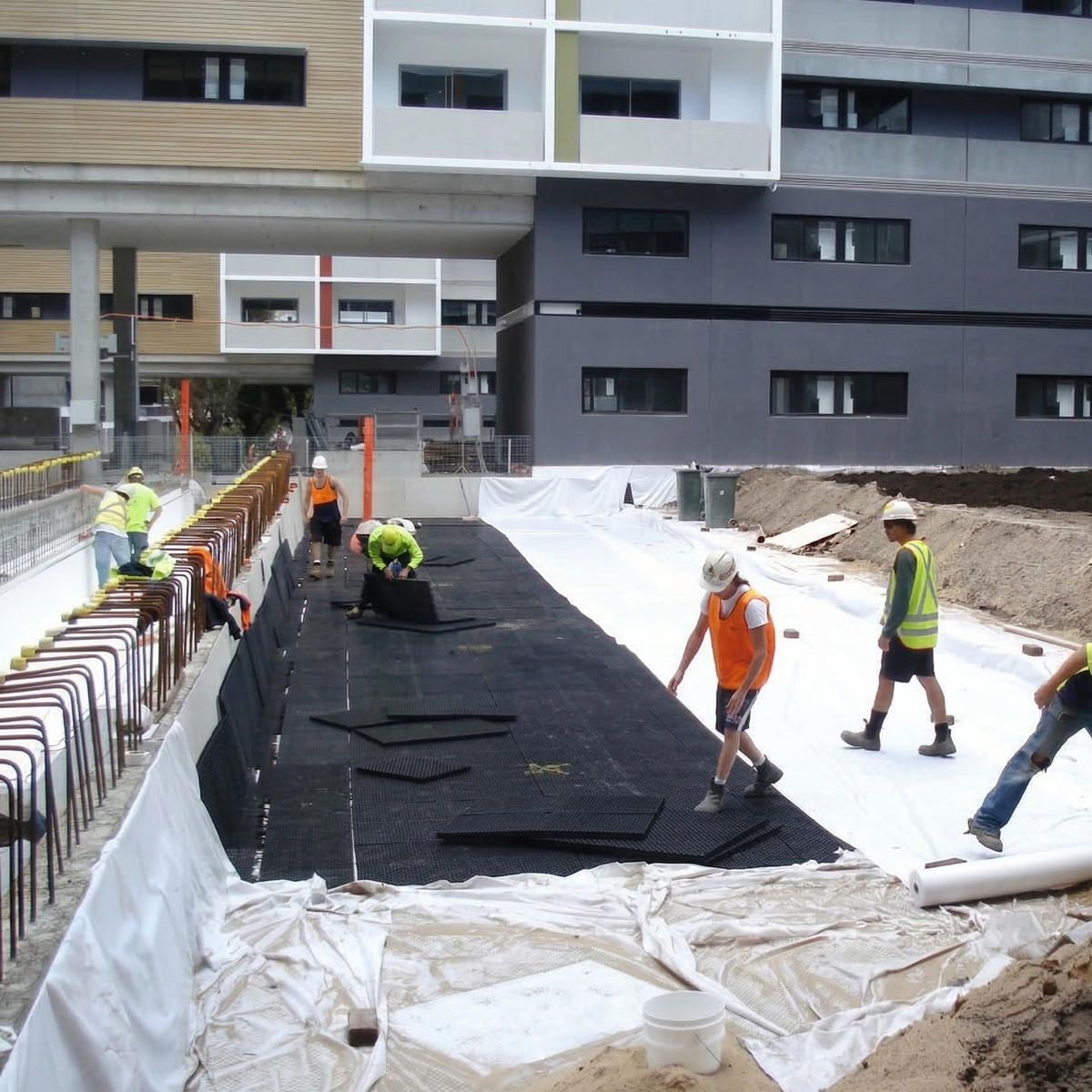 Ouvriers assemblant un système de drainage modulaire sur un chantier de construction.