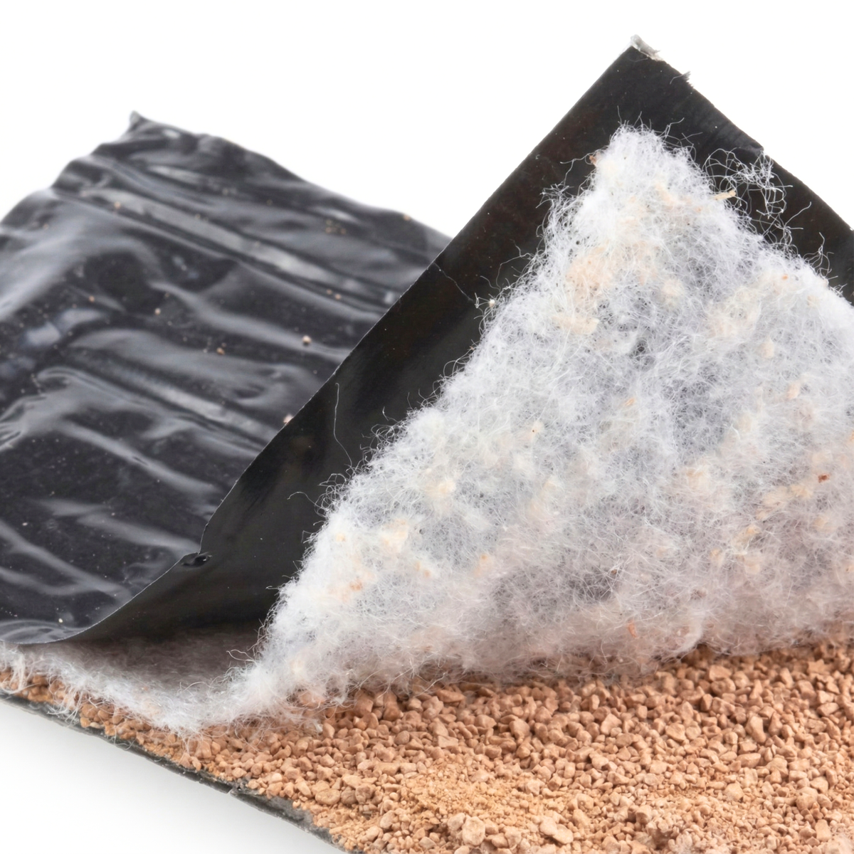 Détail des couches de géotextile et du noyau de bentonite du géocomposite.