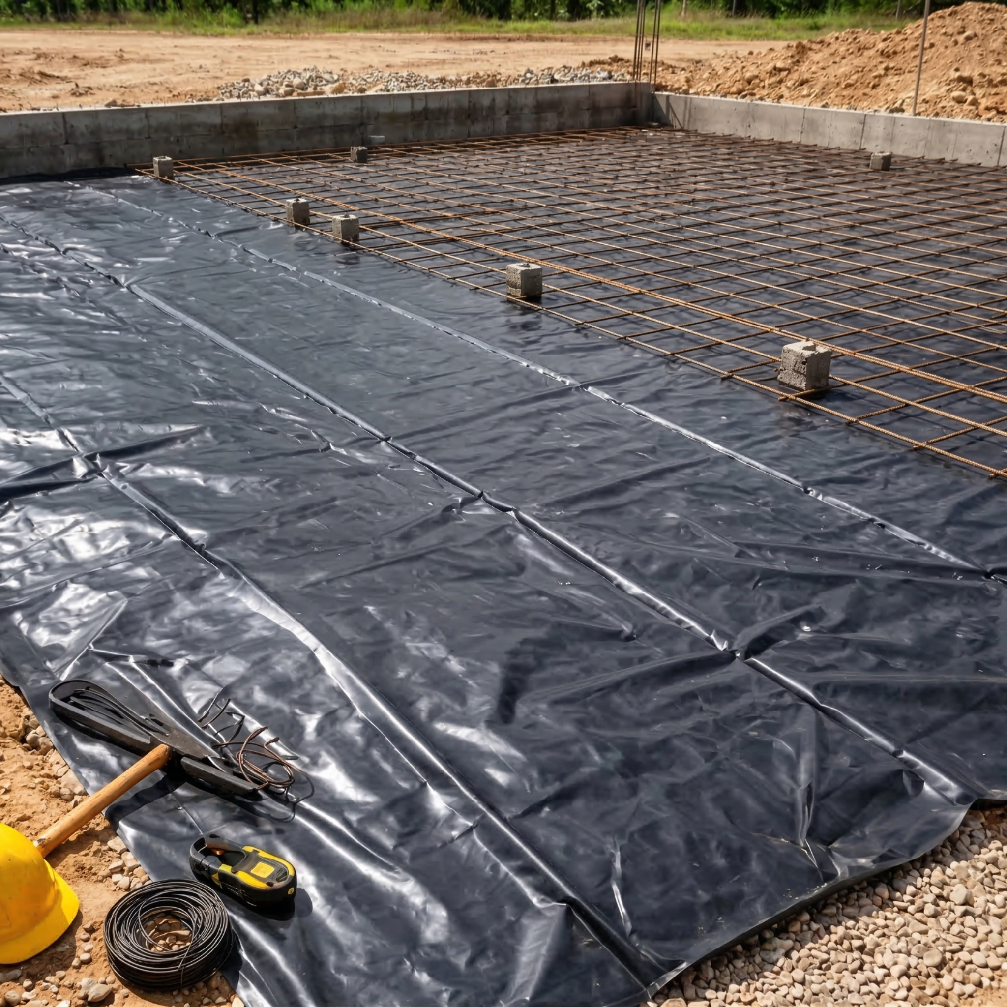 Geomembrana HDPE en proceso de instalación para impermeabilización de estanques o lagunas.