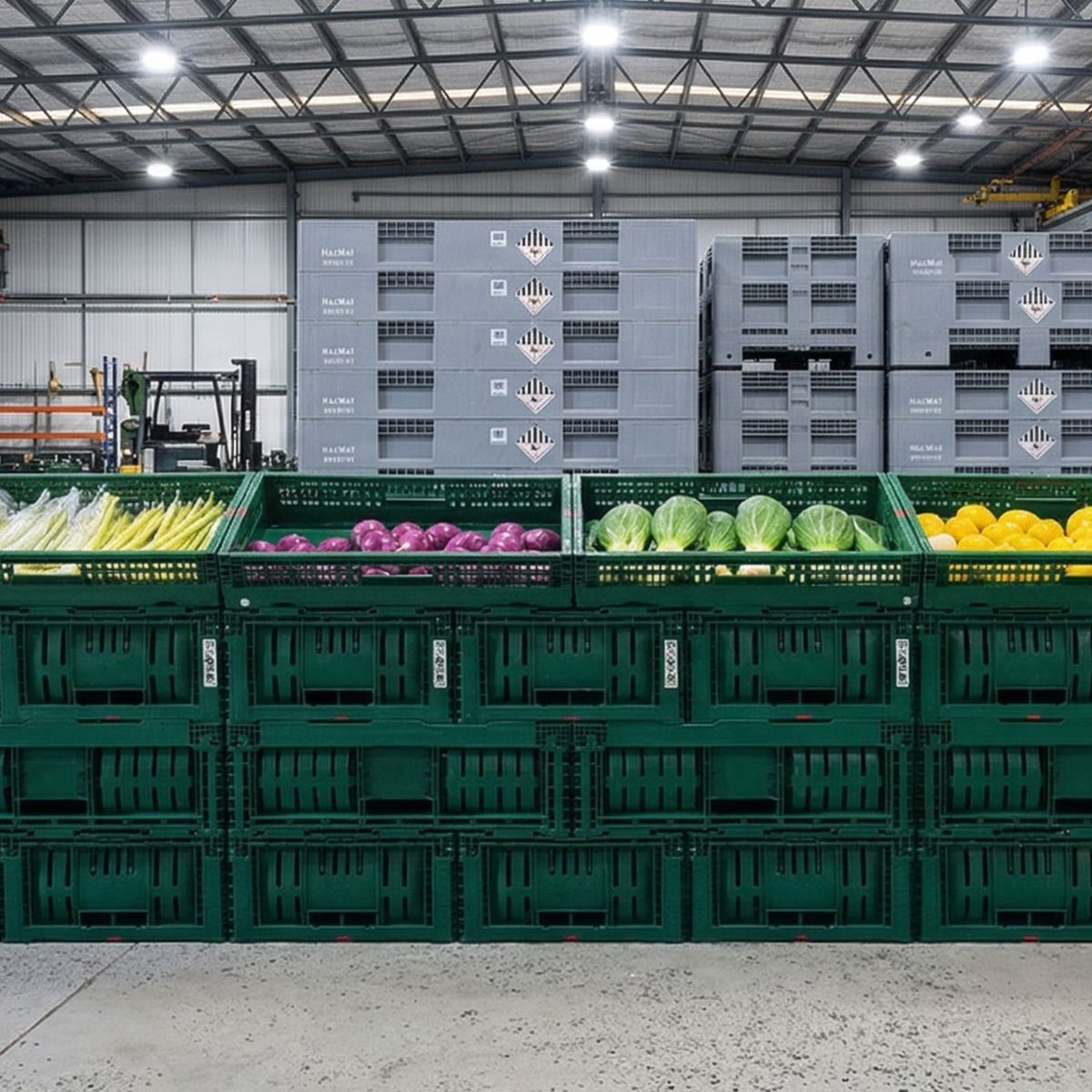 Caisse agricole plastique haute résistance pour usage intensif lors de la récolte et de la distribution.