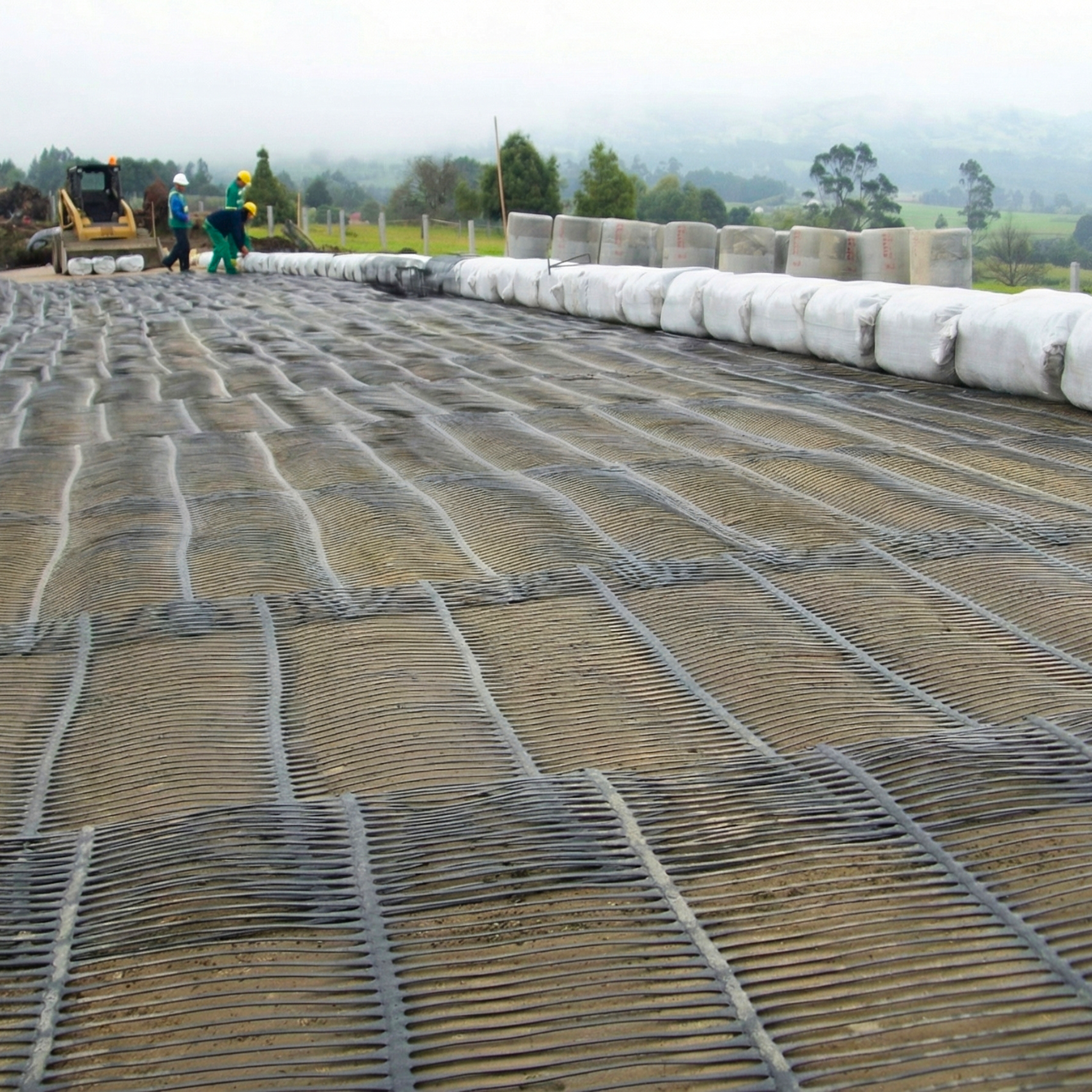 Wide installation of uniaxial geogrid laid on the ground for the construction of reinforced embankments in the Dominican Republic.