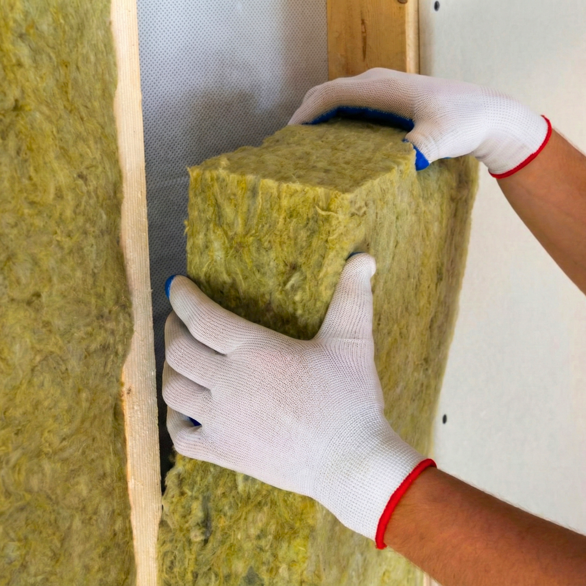 Worker installing a rock wool panel for thermal and acoustic insulation of partitions in Santo Domingo.