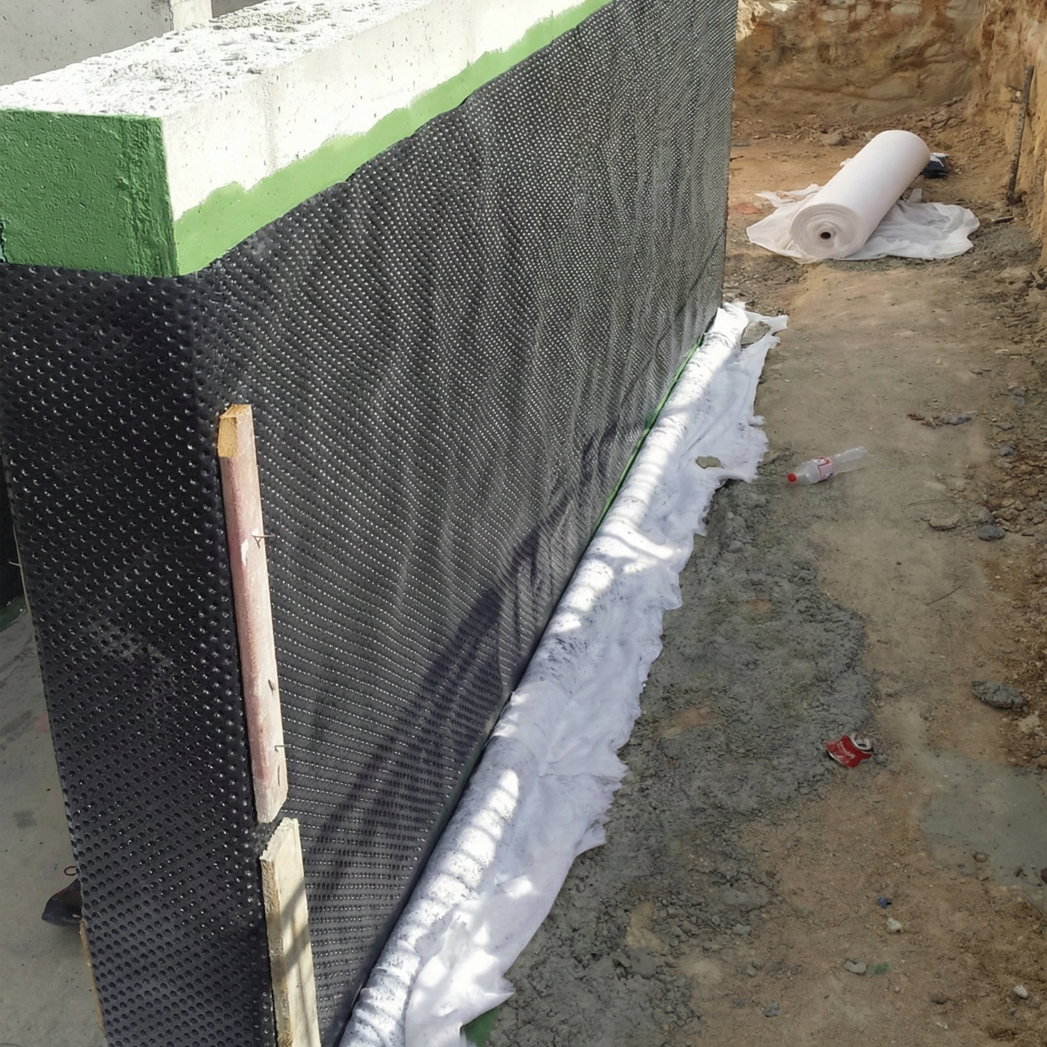 Installation of a black nodular drainage sheet for wall protection and foundation waterproofing in construction projects in Santo Domingo.