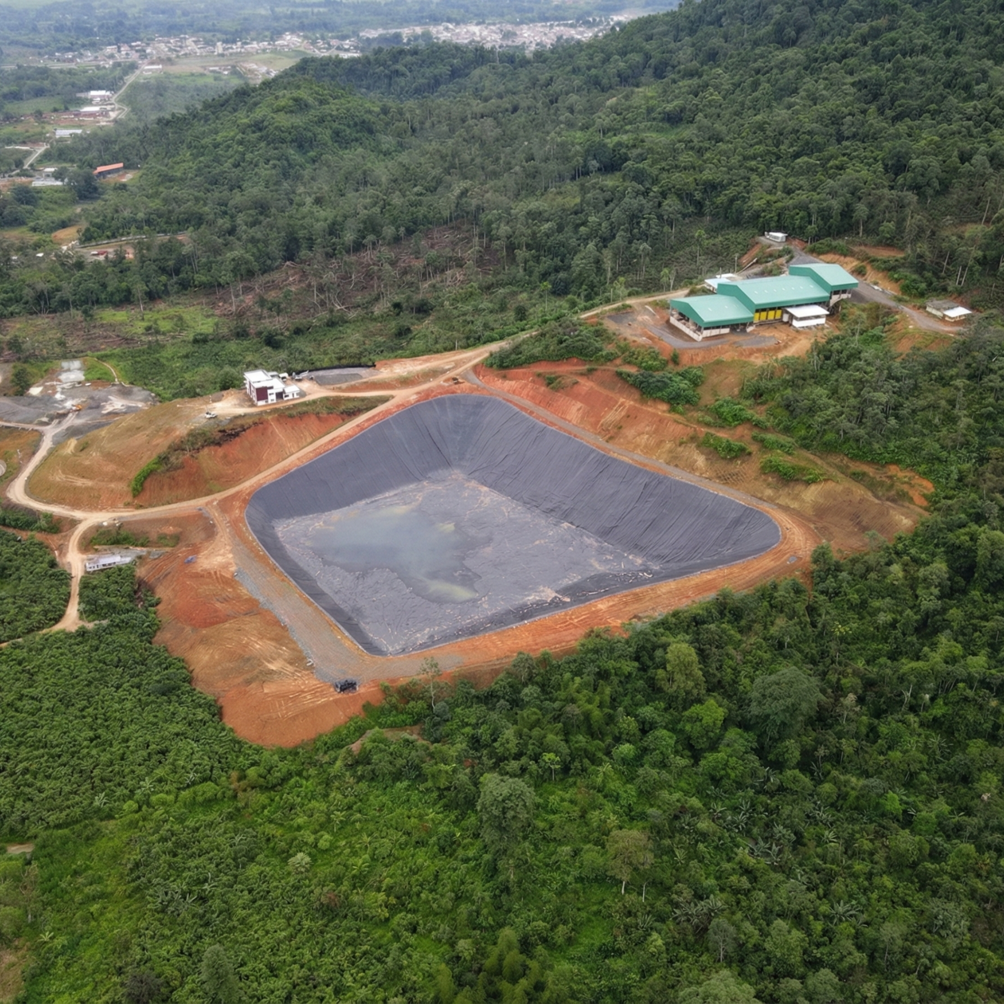 Vista aérea de un liner impermeable aplicado en la construcción de lagos artificiales y estanques de retención.