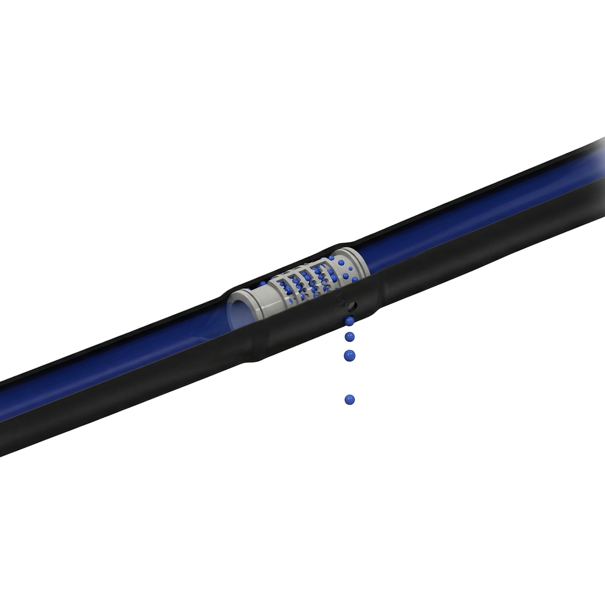 Detail of the cylindrical drippers on the irrigation hose, design with high resistance to clogging.
