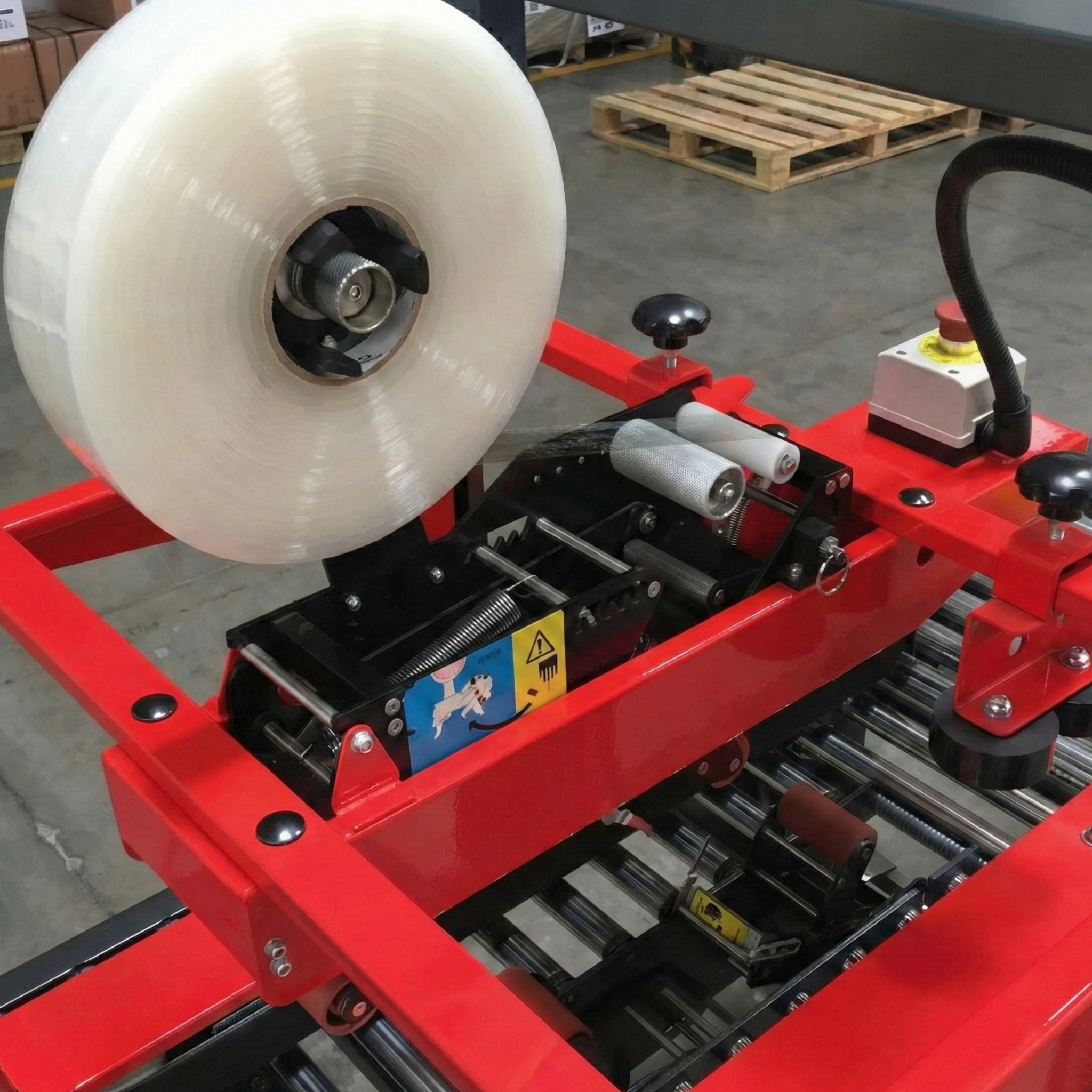 Automatic carton sealer with side drive belts for industrial packaging lines.