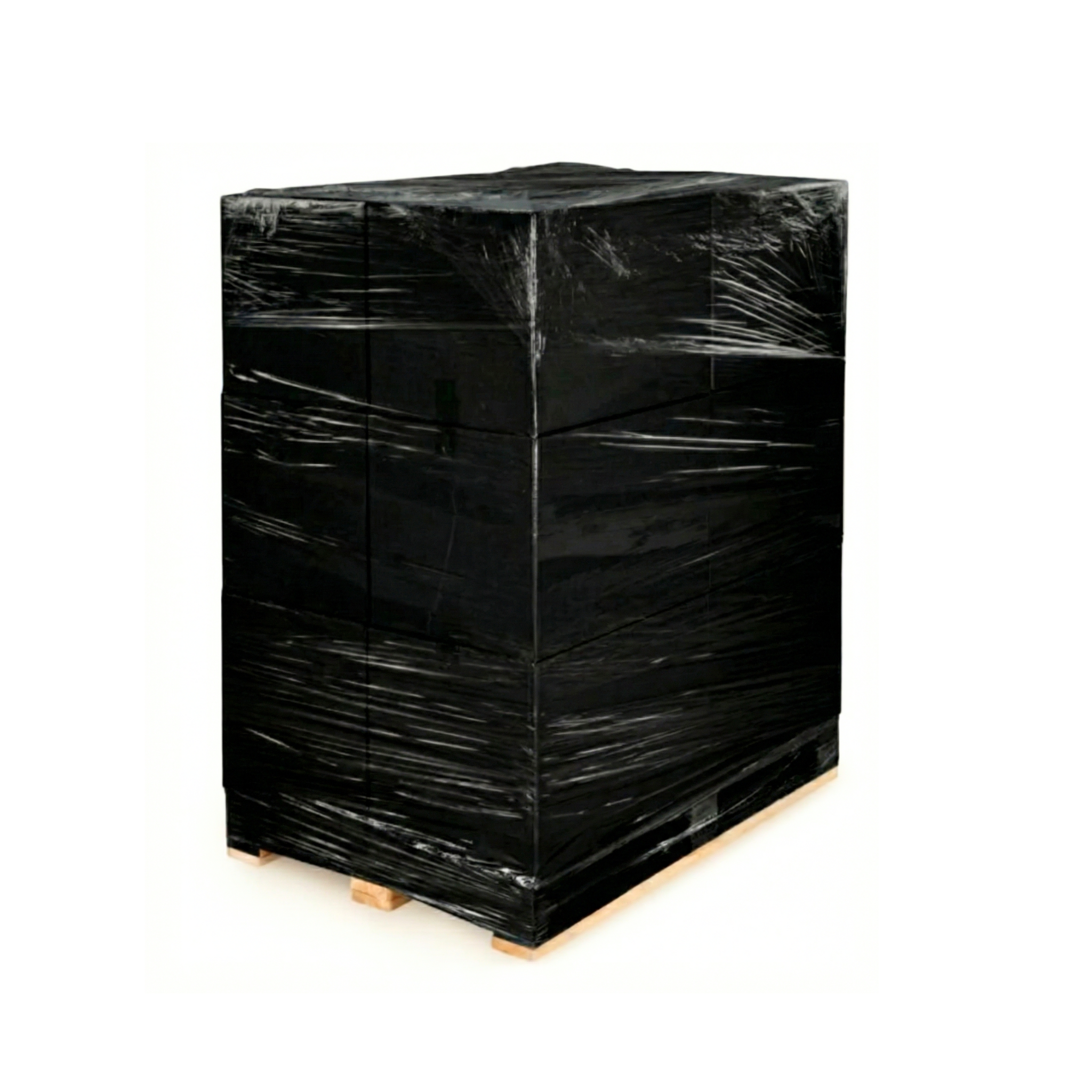 Pallet de mercancía asegurado con film estirable negro para embalaje discreto y seguro en zonas francas de República Dominicana.