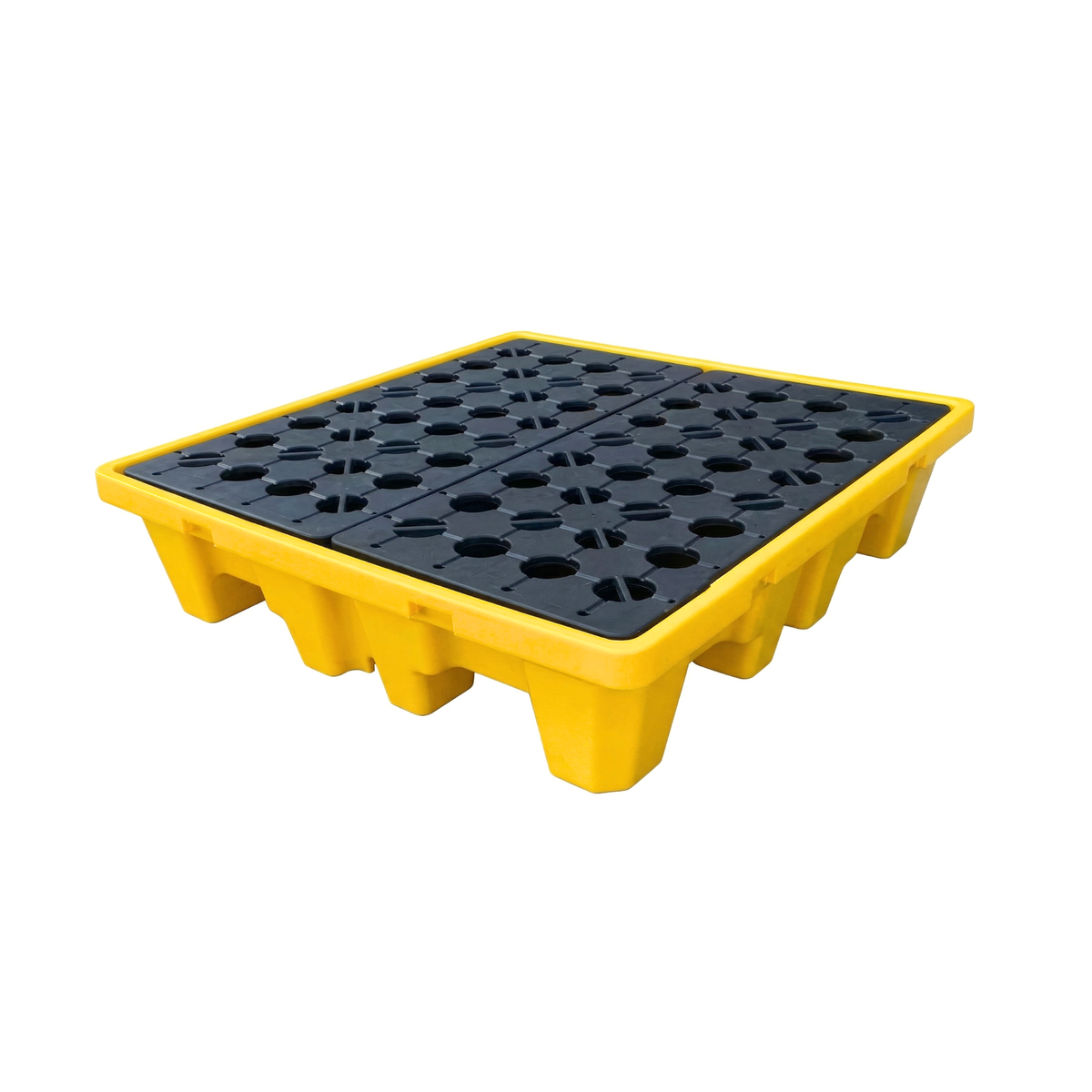 Yellow plastic spill containment pallet in use with liquid drums.