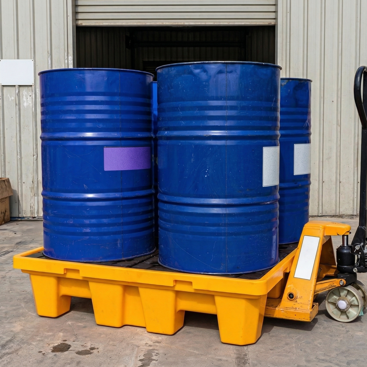 Spill containment pallets stacked to save space.