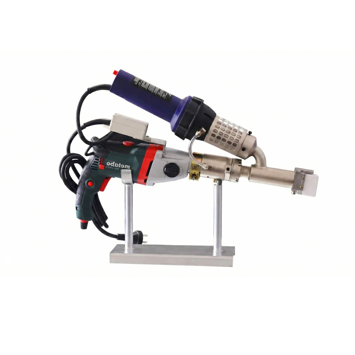 Portable handheld extrusion gun or drill-type welding tool, professional equipment used for the installation of geomembranes and welding of engineering plastics in the Dominican Republic.