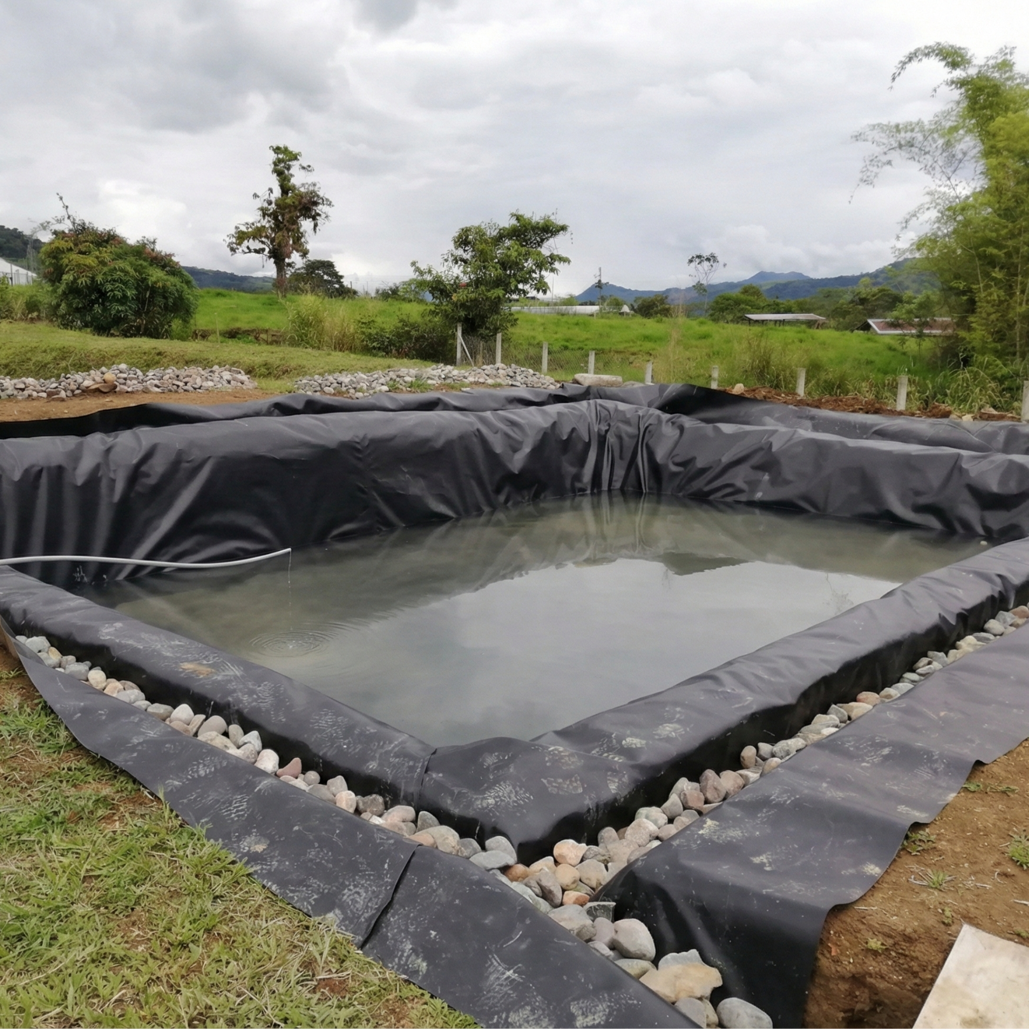 Plástico grueso tipo liner instalado para proyectos de piscicultura y cría de tilapias en granjas dominicanas.