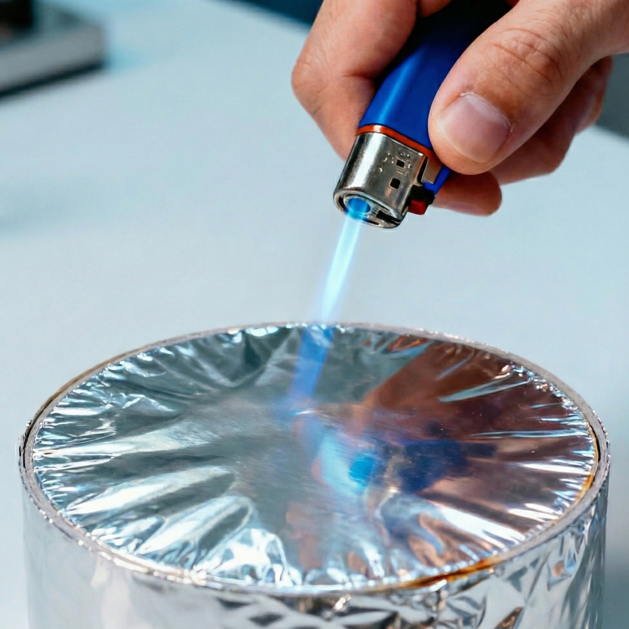 Demostración de resistencia al calor aplicando fuego directo con un soplete a una superficie cubierta con teip de aluminio profesional.