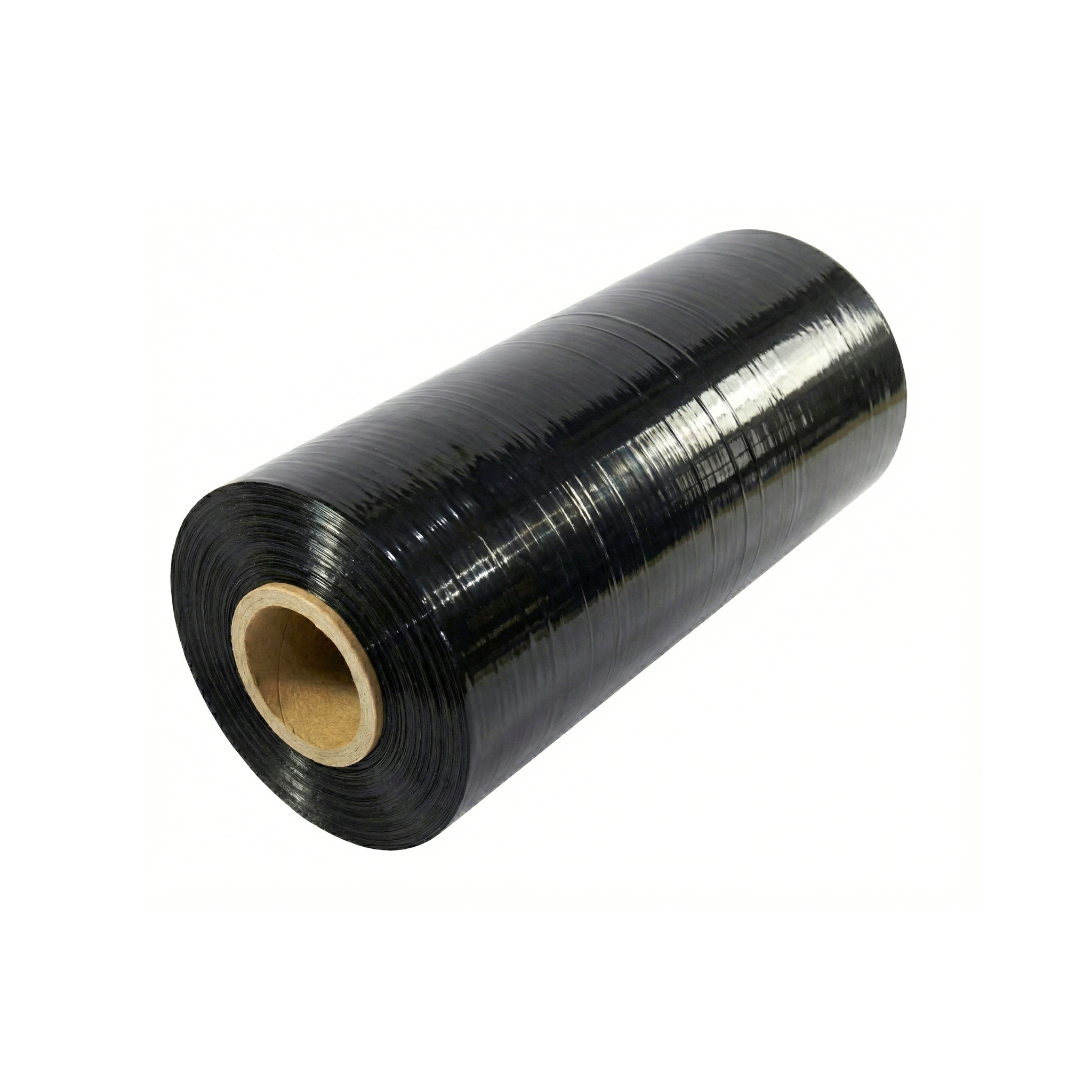 Rollo de film estirable automático negro de alto rendimiento, ideal para ocultar y proteger pallets durante el transporte en República Dominicana.