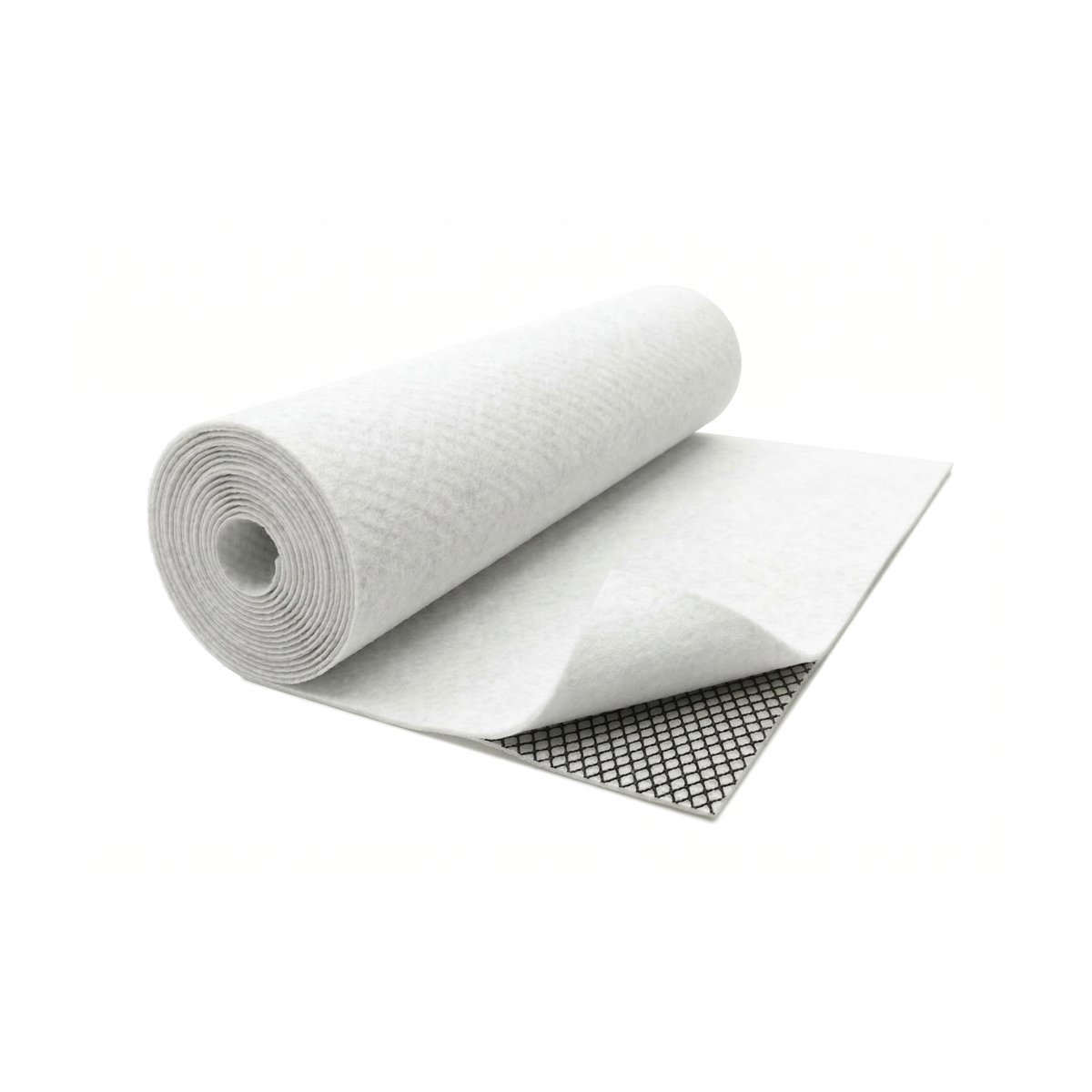 Rouleau de géocomposite drainant partiellement déroulé montrant le géotextile blanc et le géoréseau noir.