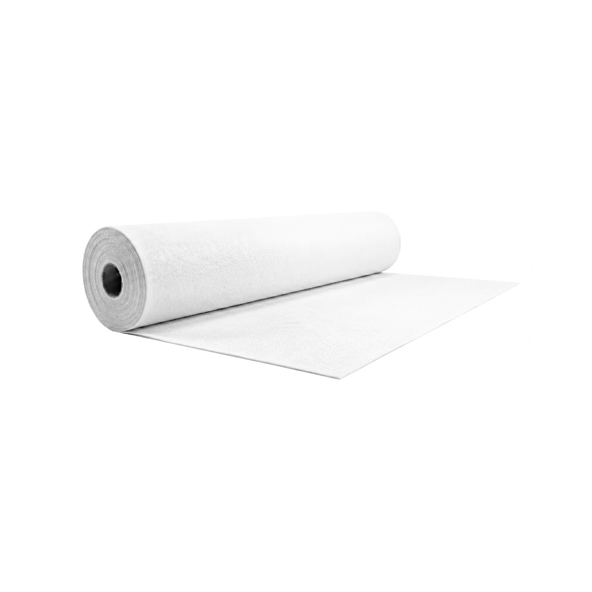 Rollo de geotextil blanco sintético, indispensable para la separación de capas de suelo y pavimentación en obras civiles.