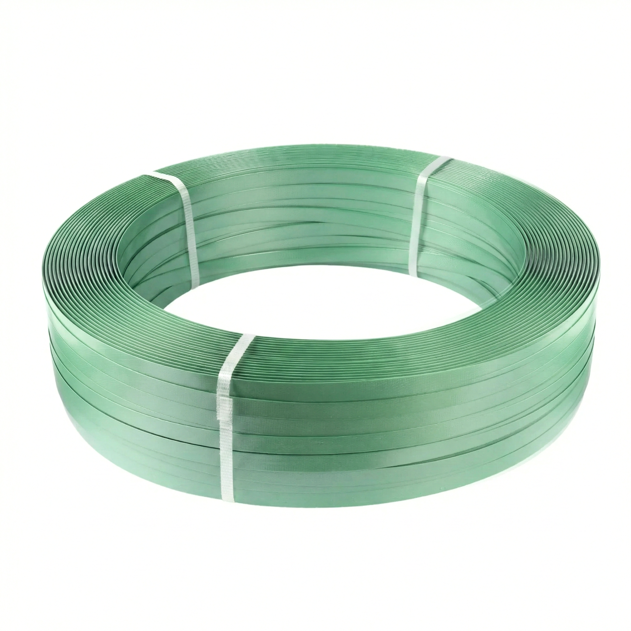 Roll of green polypropylene (PP) strap or plastic strapping, an economical and durable material for strapping boxes and pallets in the warehouse.