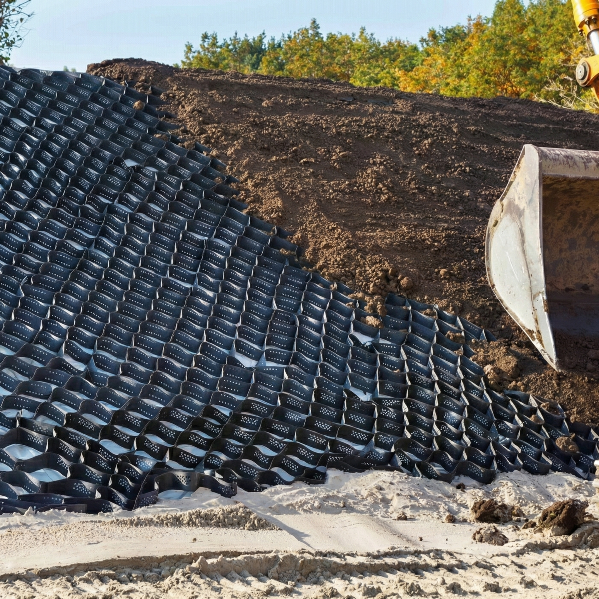 Système de géocellule tridimensionnel rempli de terre pour la stabilisation de talus et de murs de soutènement à Punta Cana.