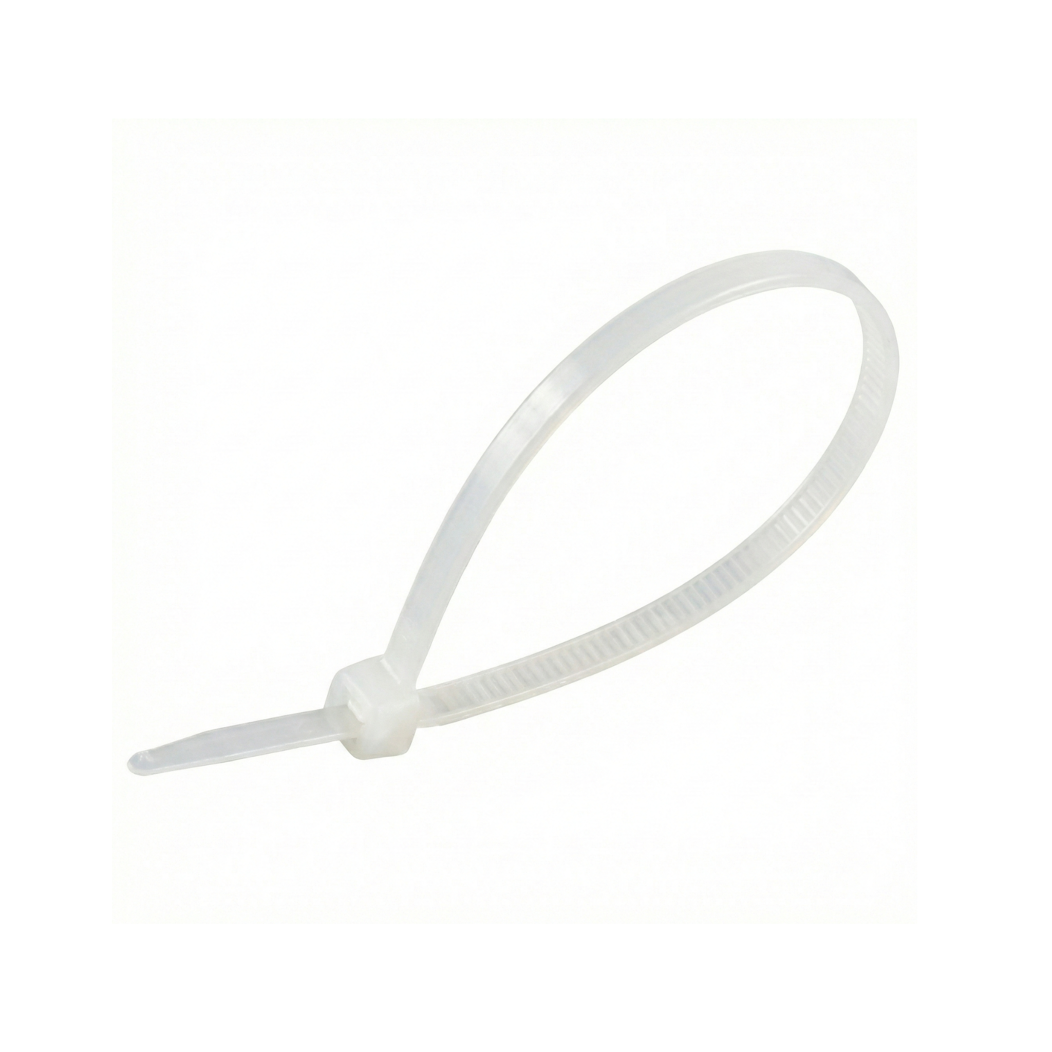 White plastic cable tie or durable nylon strap, ideal for organizing cables and general use at home or in the office.