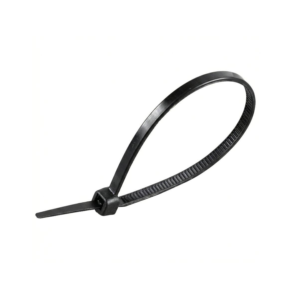 Black high-strength cable tie or plastic strap with UV protection for outdoor use and secure tying.
