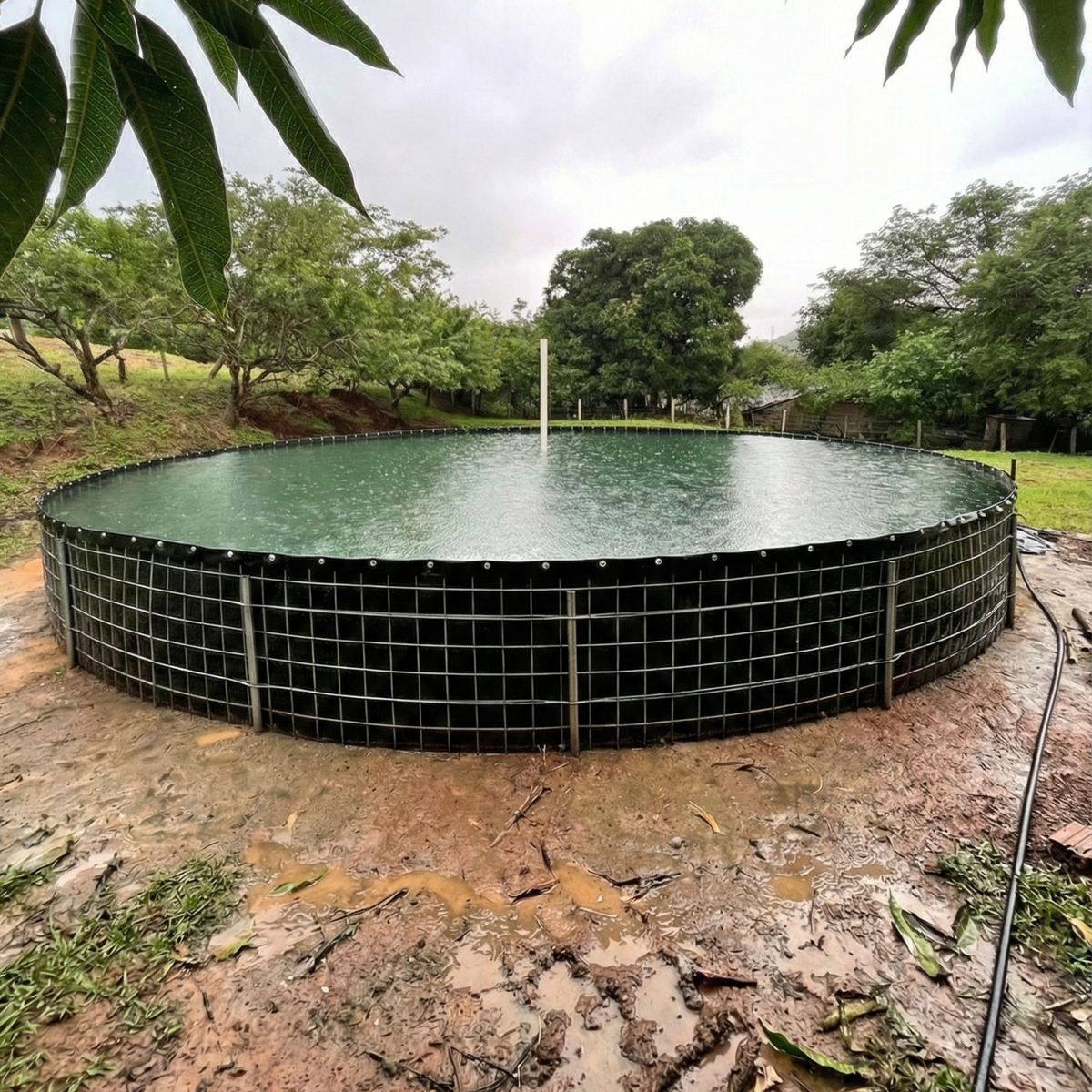 Tanque metálico revestido con geomembrana negra de textura lisa para almacenamiento seguro de líquidos en RD.