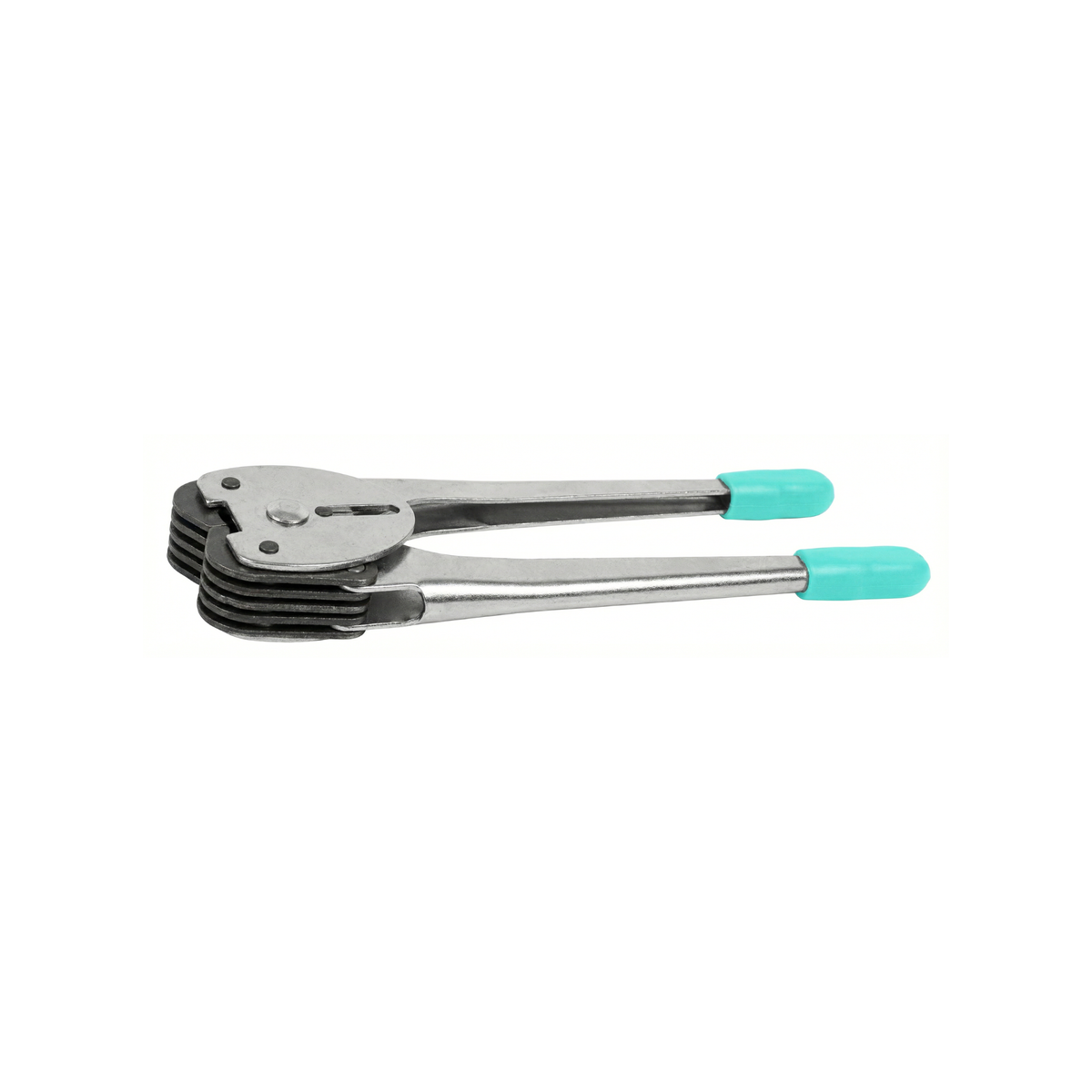 Manual clincher or tensioning tool for applying plastic strapping and securing boxes or merchandise in warehouses.