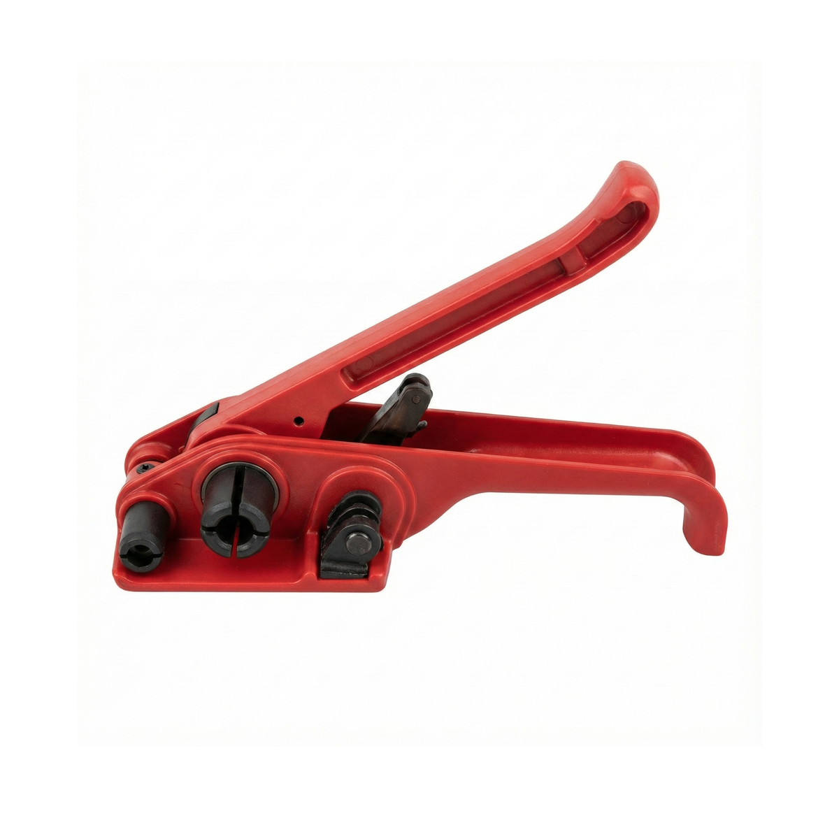 Red manual tensioner for plastic strapping, essential tool to secure packaging and logistics in the Dominican Republic.