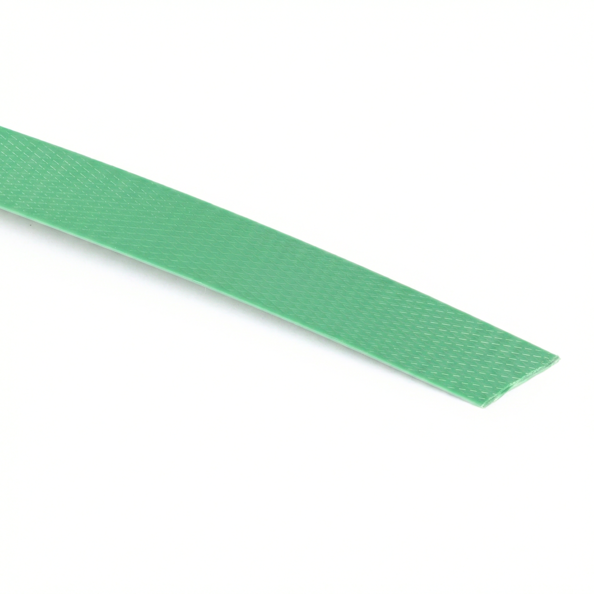 Close-up of green strapping, showing its corrugated texture designed for better grip of the metal seal or staple.