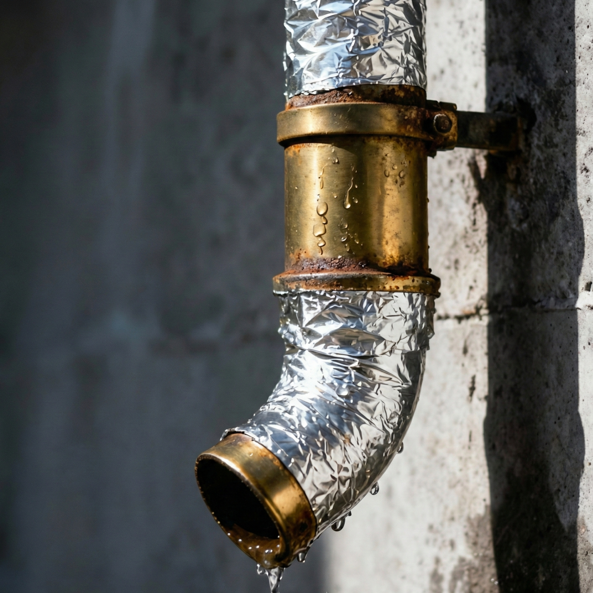 Tubería de aire acondicionado o gas revestida con cinta de aluminio aislante para protección térmica y evitar fugas.