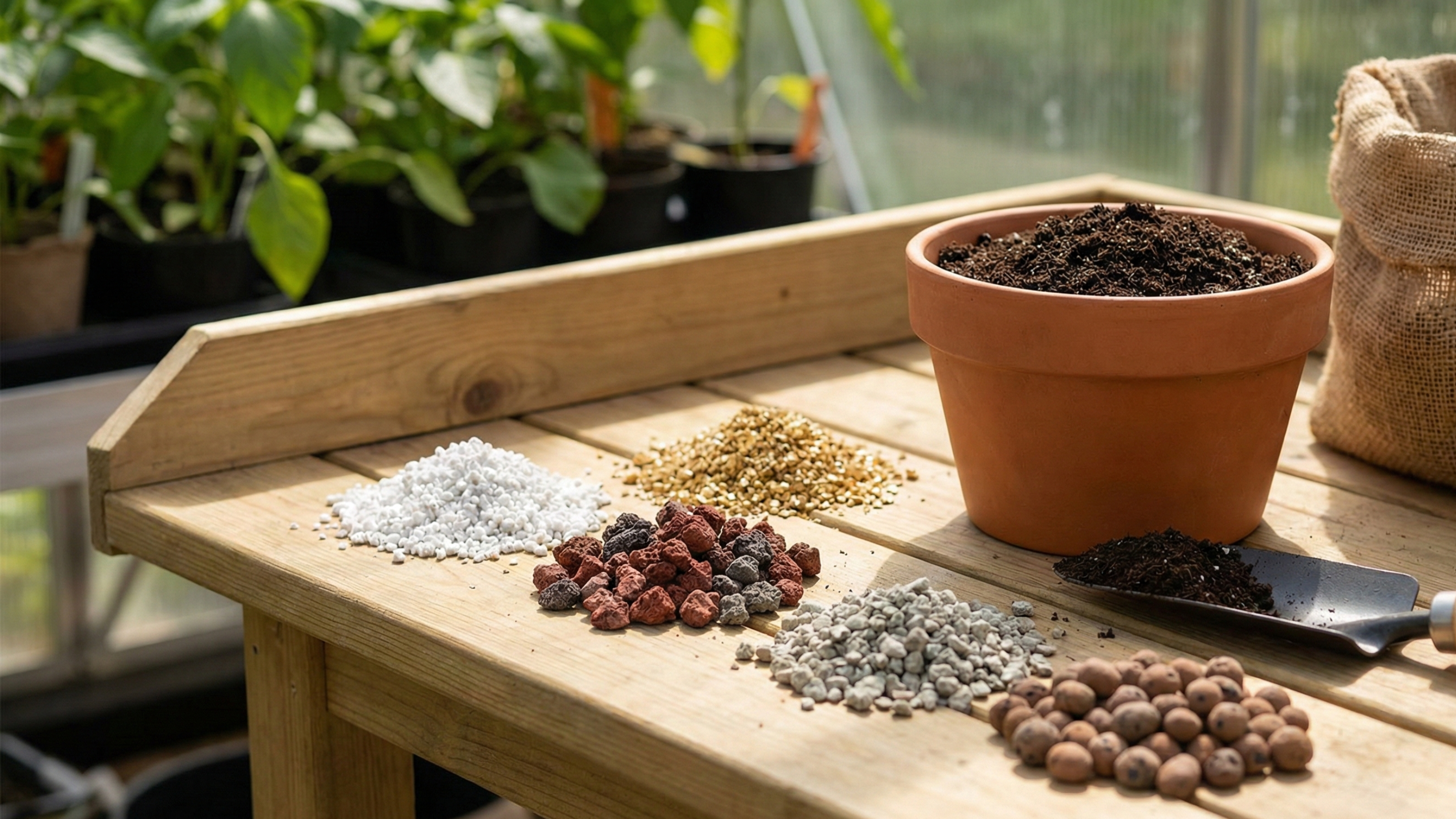 Colección de enmiendas para suelo Gardese: Perlita, Vermiculita, Zeolita y Greda volcánica sobre mesa de jardinería.