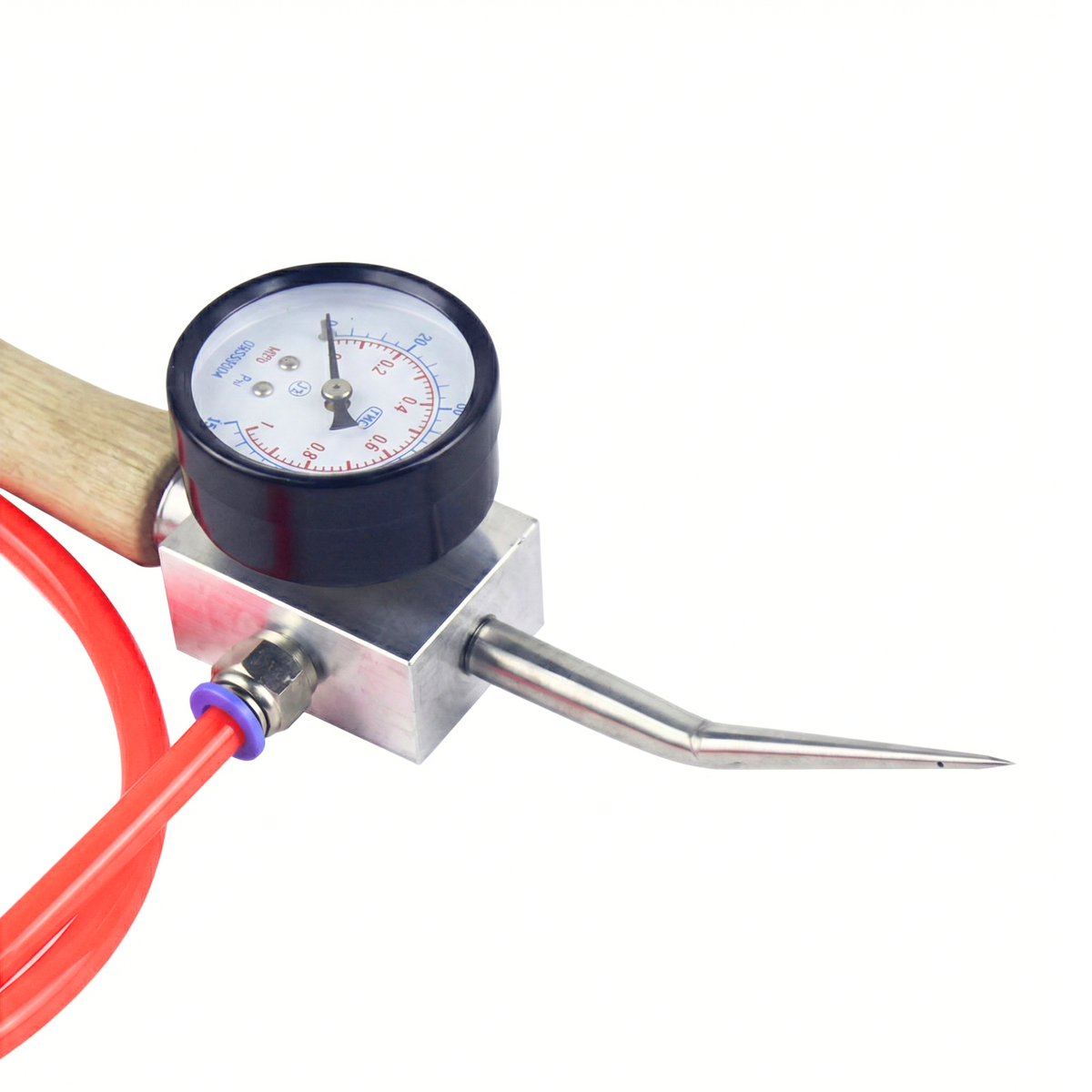 Air channel test needle with integrated manometer, ideal for joint inspection in HDPE geomembranes.