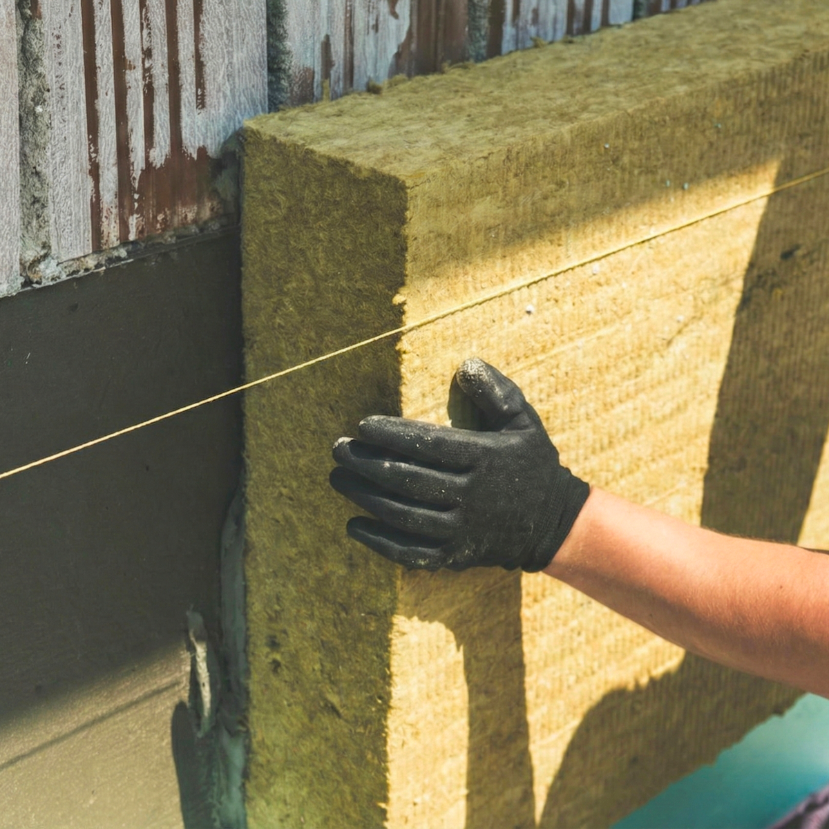 Installation of a fireproof rock wool slab on an exterior structure for construction projects in the Dominican Republic.