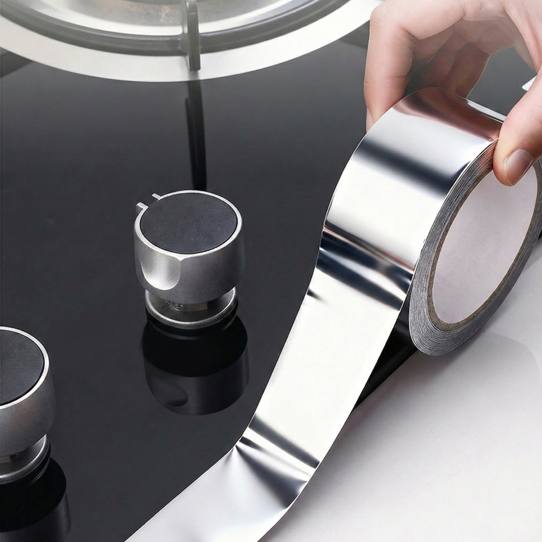 Manos aplicando cinta adhesiva de aluminio sobre un fogón y extender la vida útil de los utensilios de cocina.