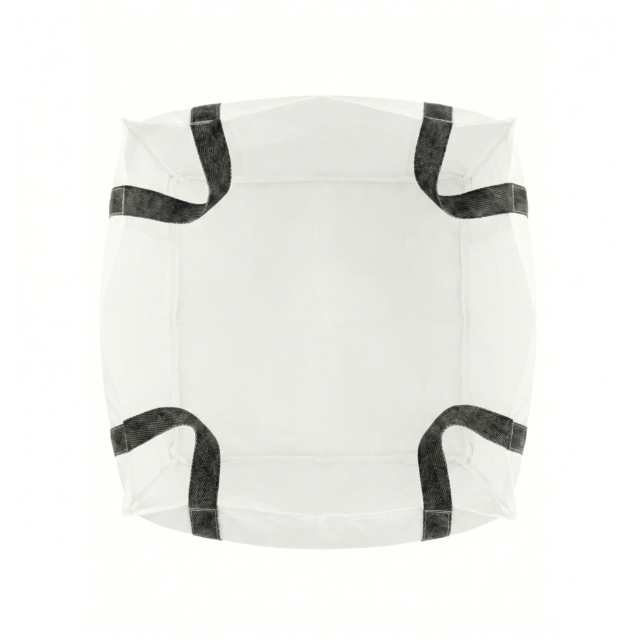 Vista superior de un Big Bag o saco jumbo blanco con asas de elevación, mostrando la apertura amplia para llenado fácil de materiales a granel como arena o escombros.