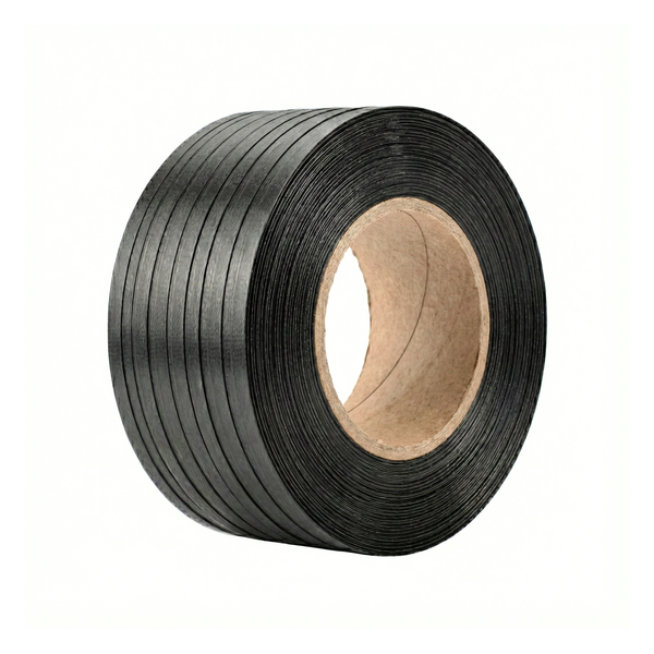 Bobina de fleje de polipropileno (PP) negro, zuncho plástico de alta resistencia para logística en República Dominicana.