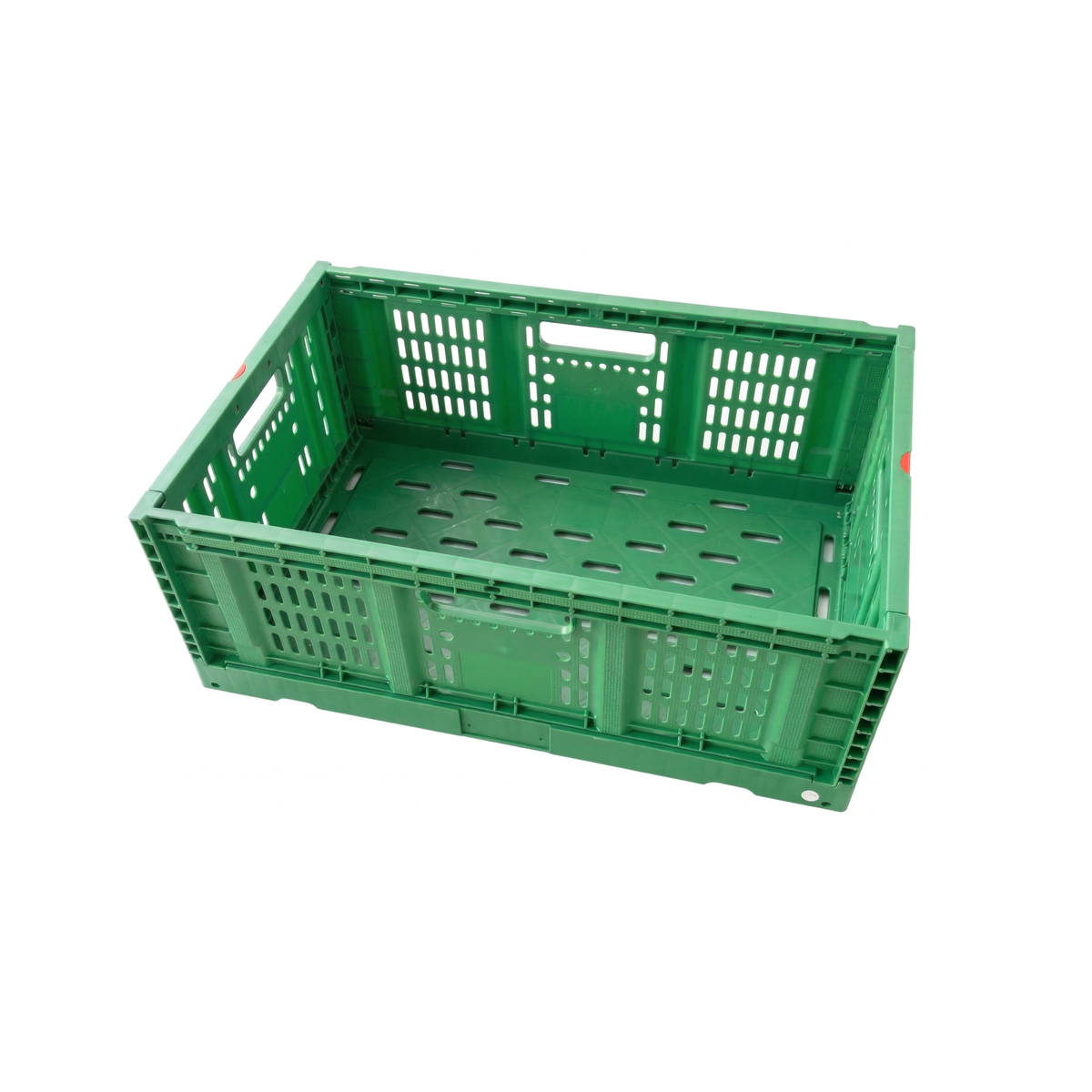 Caisse plastique ventilée pliable verte pour le stockage et le transport de fruits et légumes.
