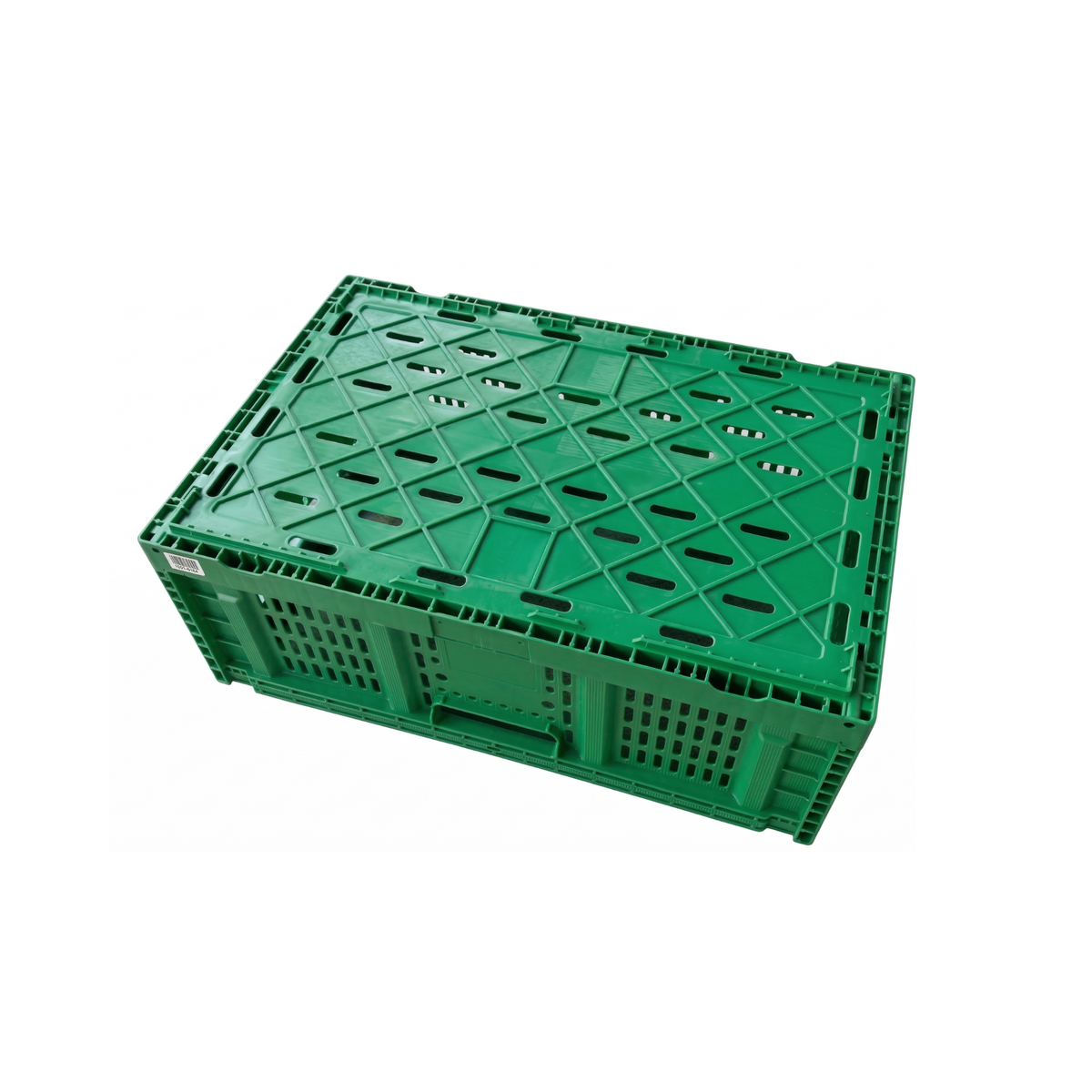 Vue de la caisse plastique ventilée en position pliée pour optimiser l'espace de stockage.