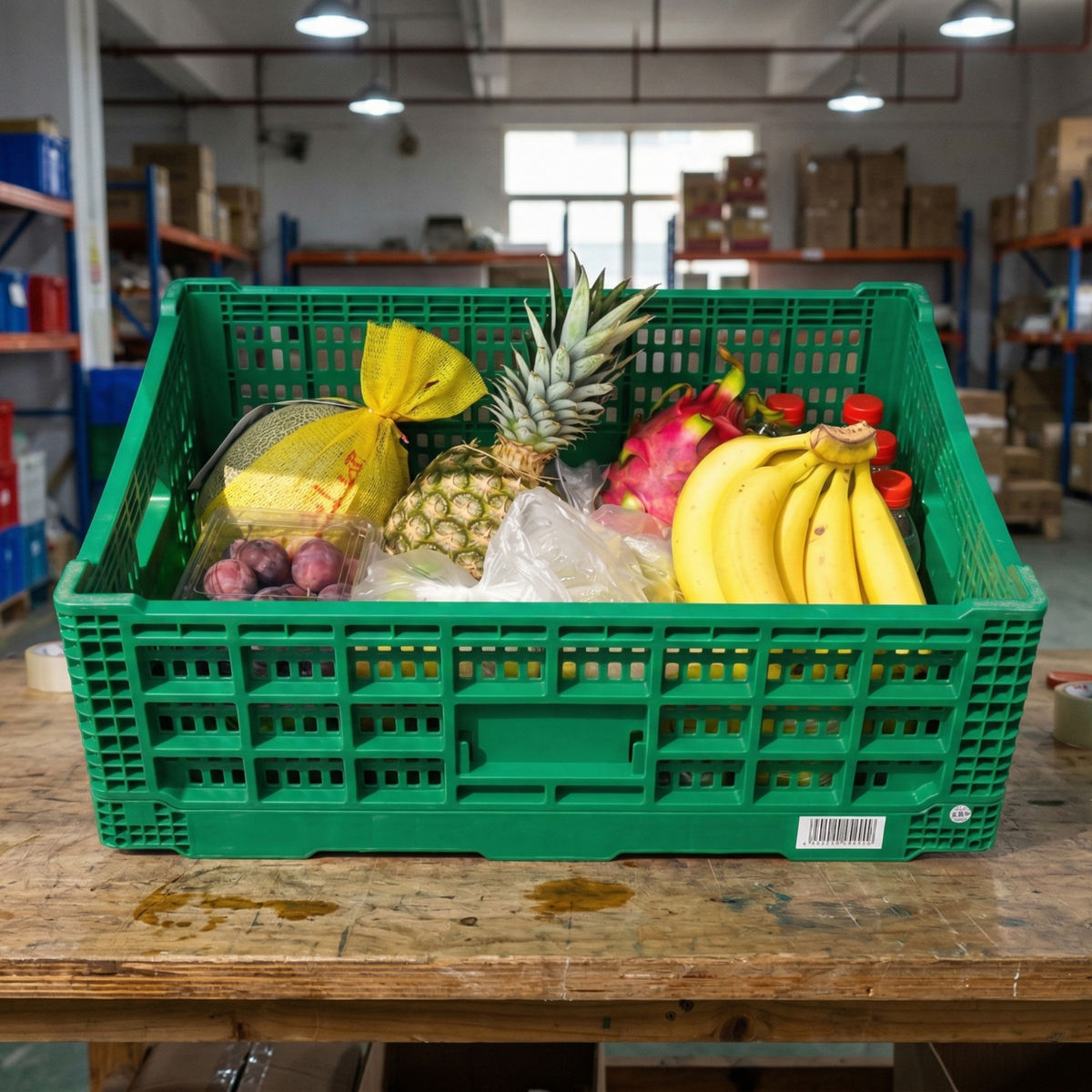Caisses plastiques ventilées pliables empilées pour un stockage efficace en entrepôt.
