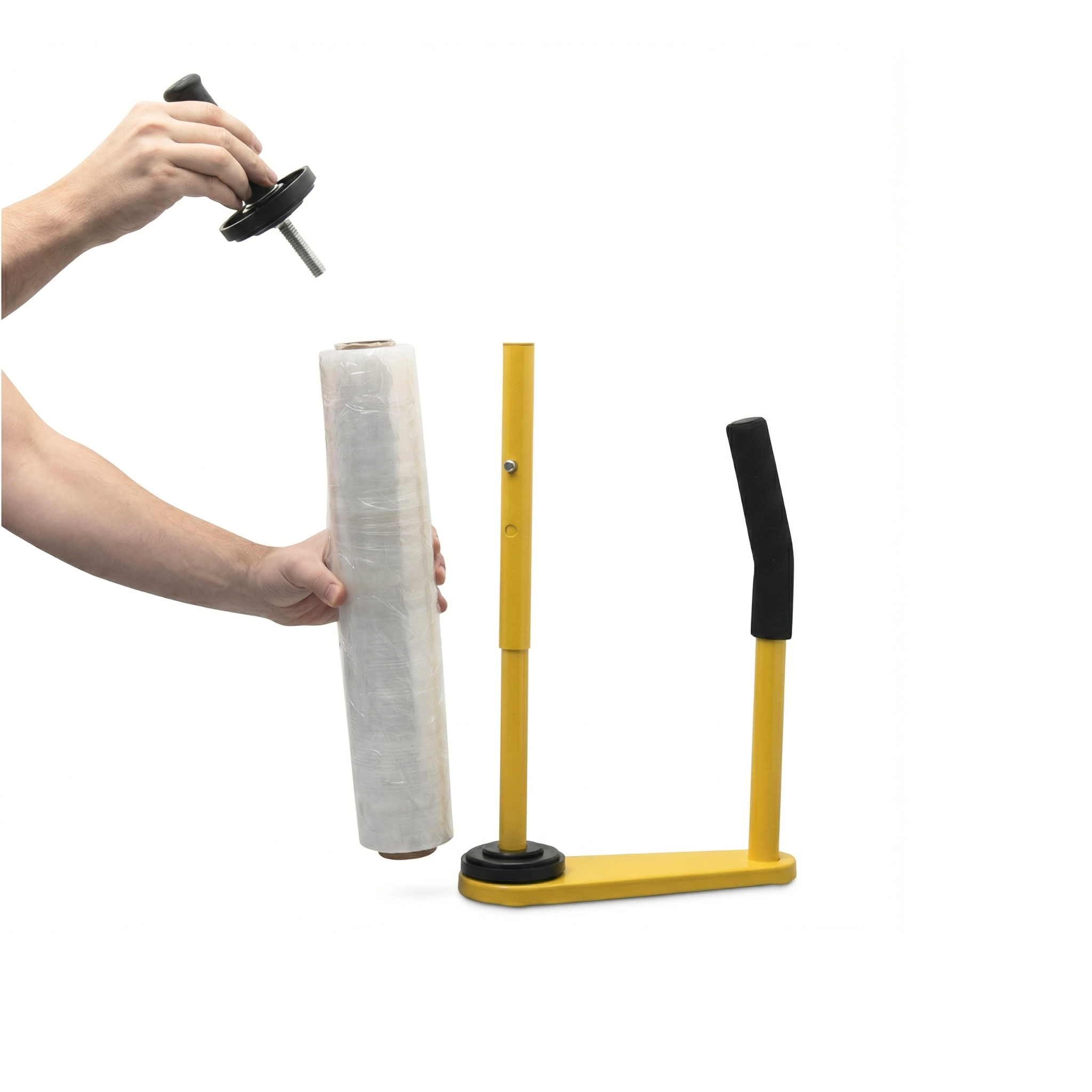 Process of loading a stretch plastic roll into a manual metal dispenser to optimize packaging in Santiago, DR.