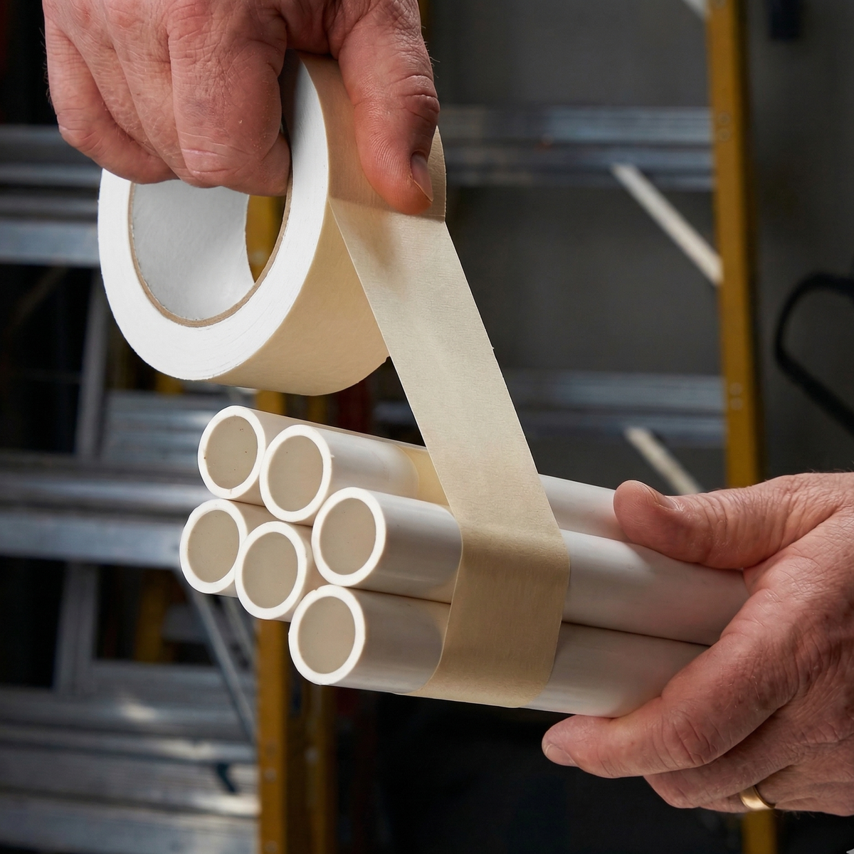 Boîte avec plusieurs rouleaux de ruban adhésif en papier pour un usage professionnel en construction et finitions.