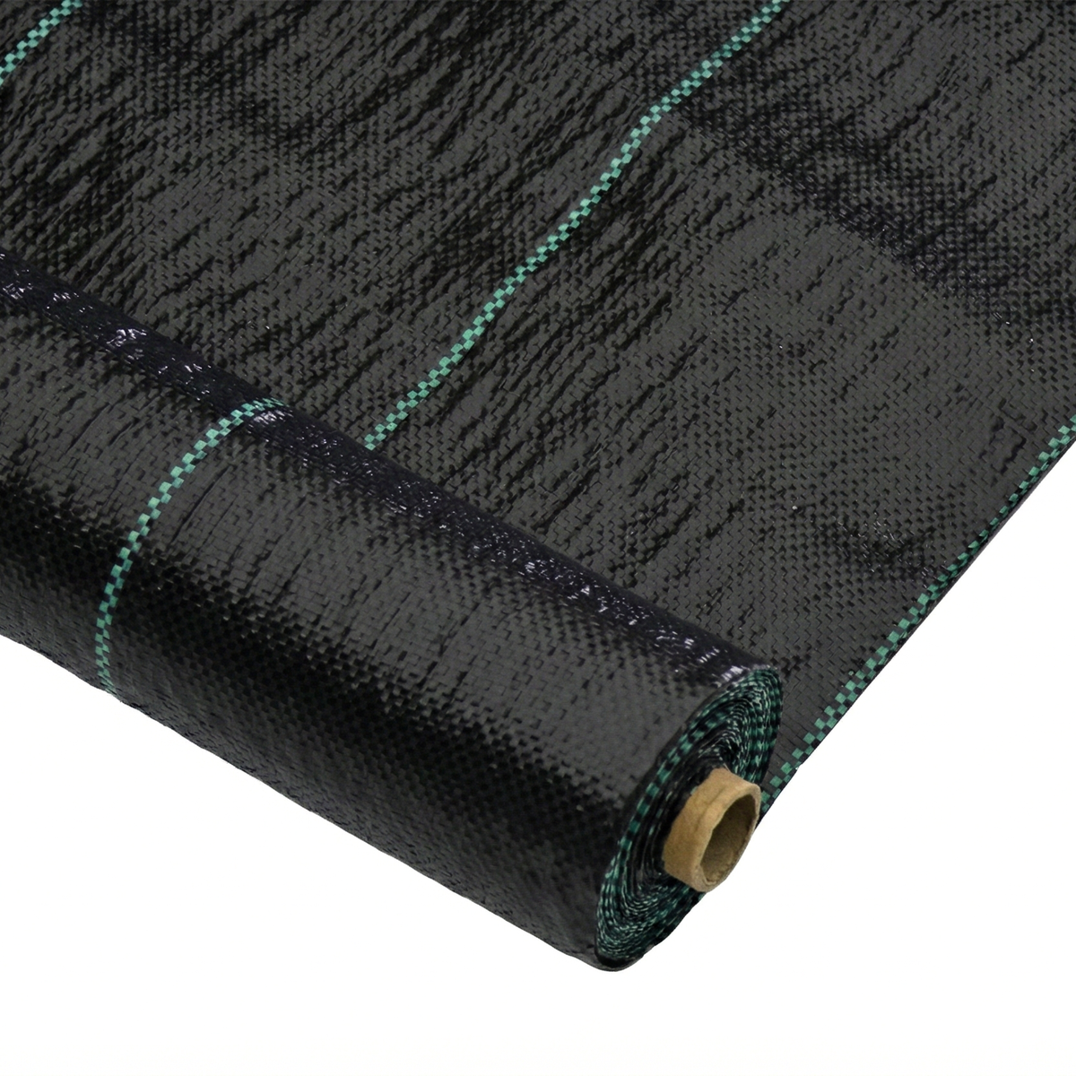 Détail de texture d'un voile anti-mauvaises herbes tissé avec lignes guides vertes, matériau idéal pour les pépinières et l'aménagement paysager à Saint-Domingue.