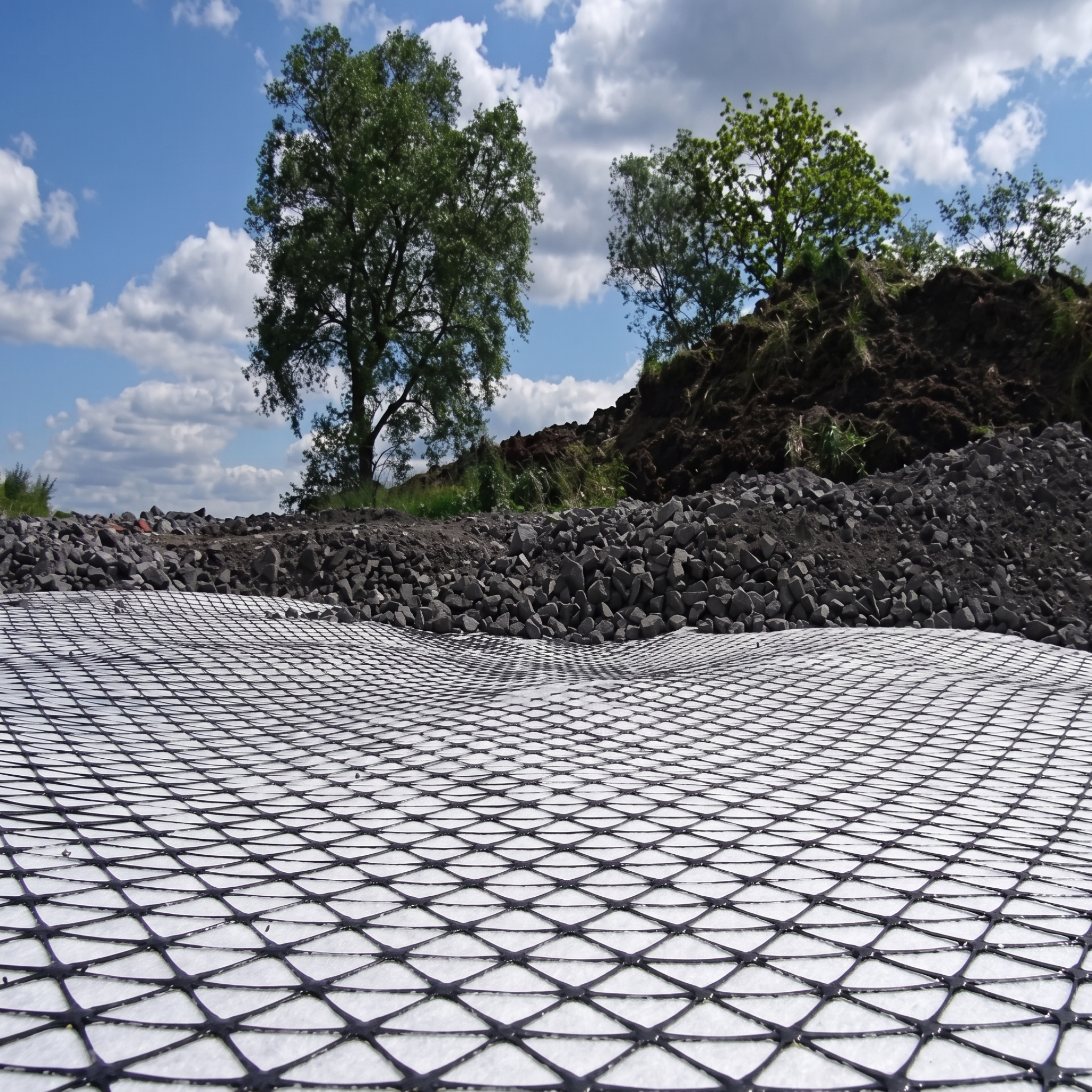 Application of triaxial geogrid in civil works to reinforce parking lots, paths and roads.