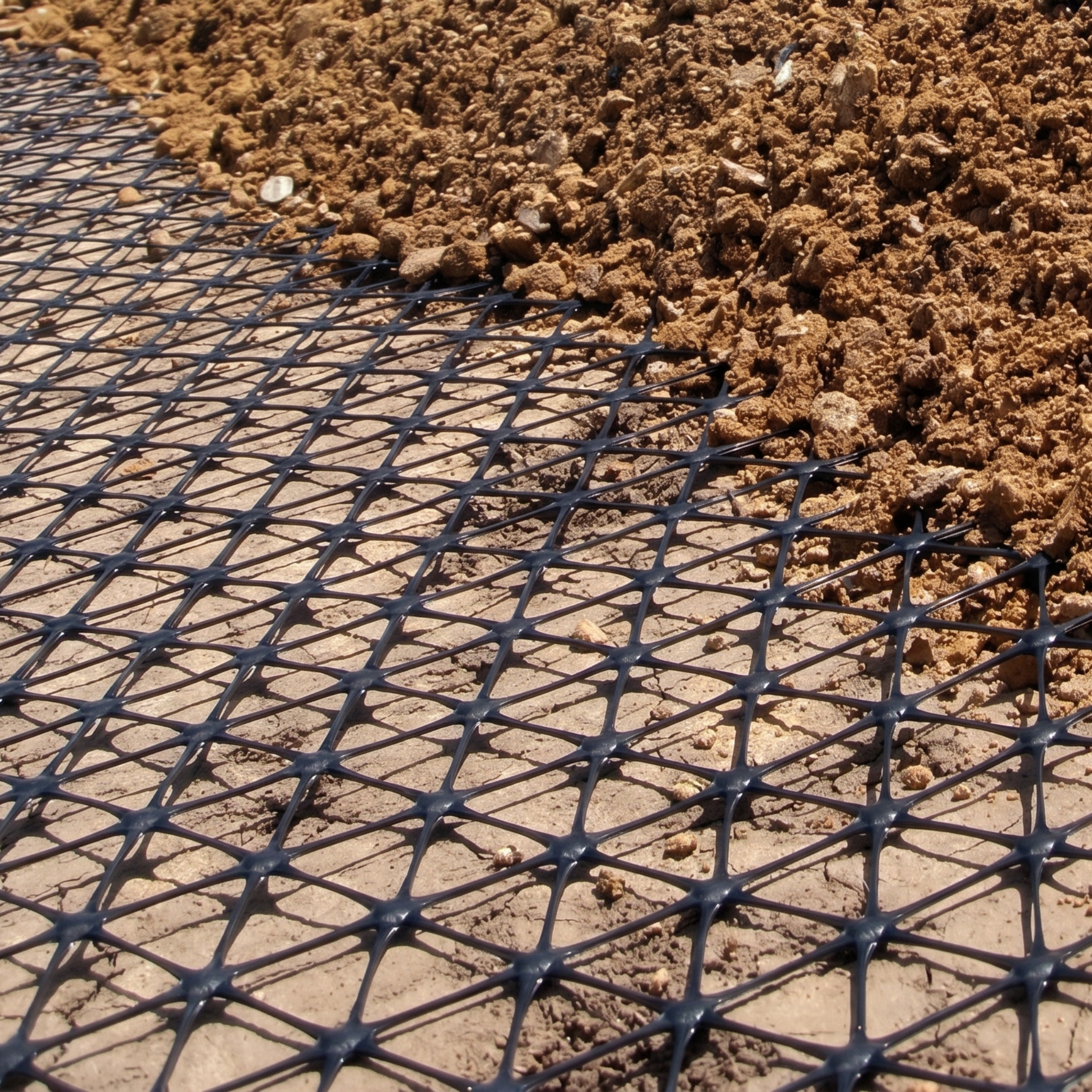 Roll of triaxial geogrid spread out for soil stabilization and aggregate savings.