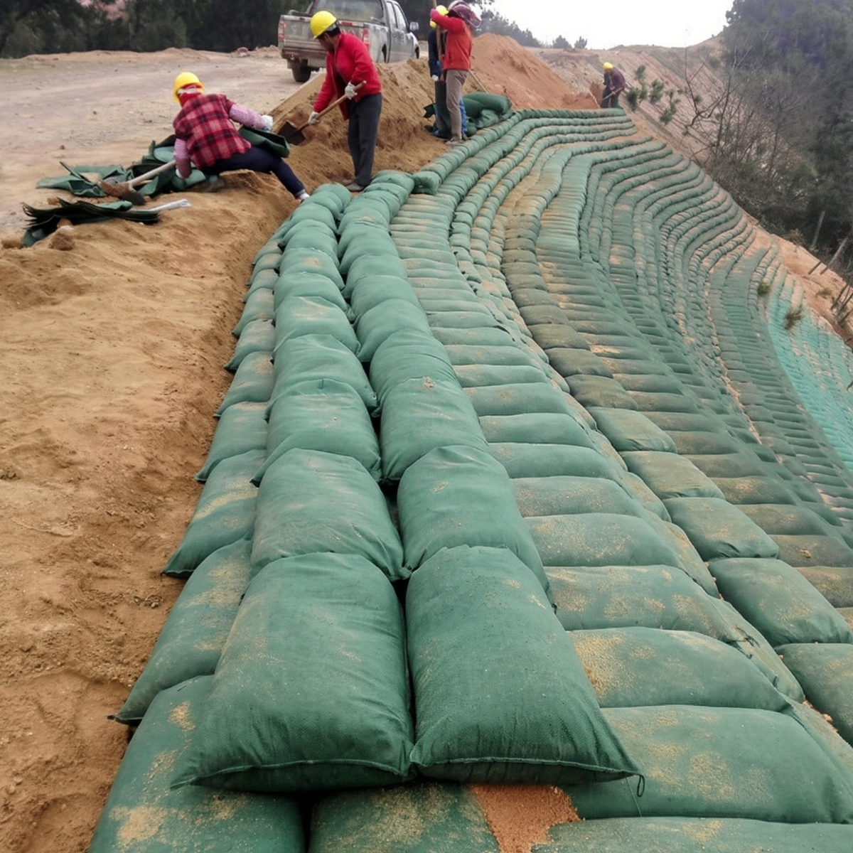 Détail du tissage du géotextile du géosac pour une durabilité maximale aux intempéries.