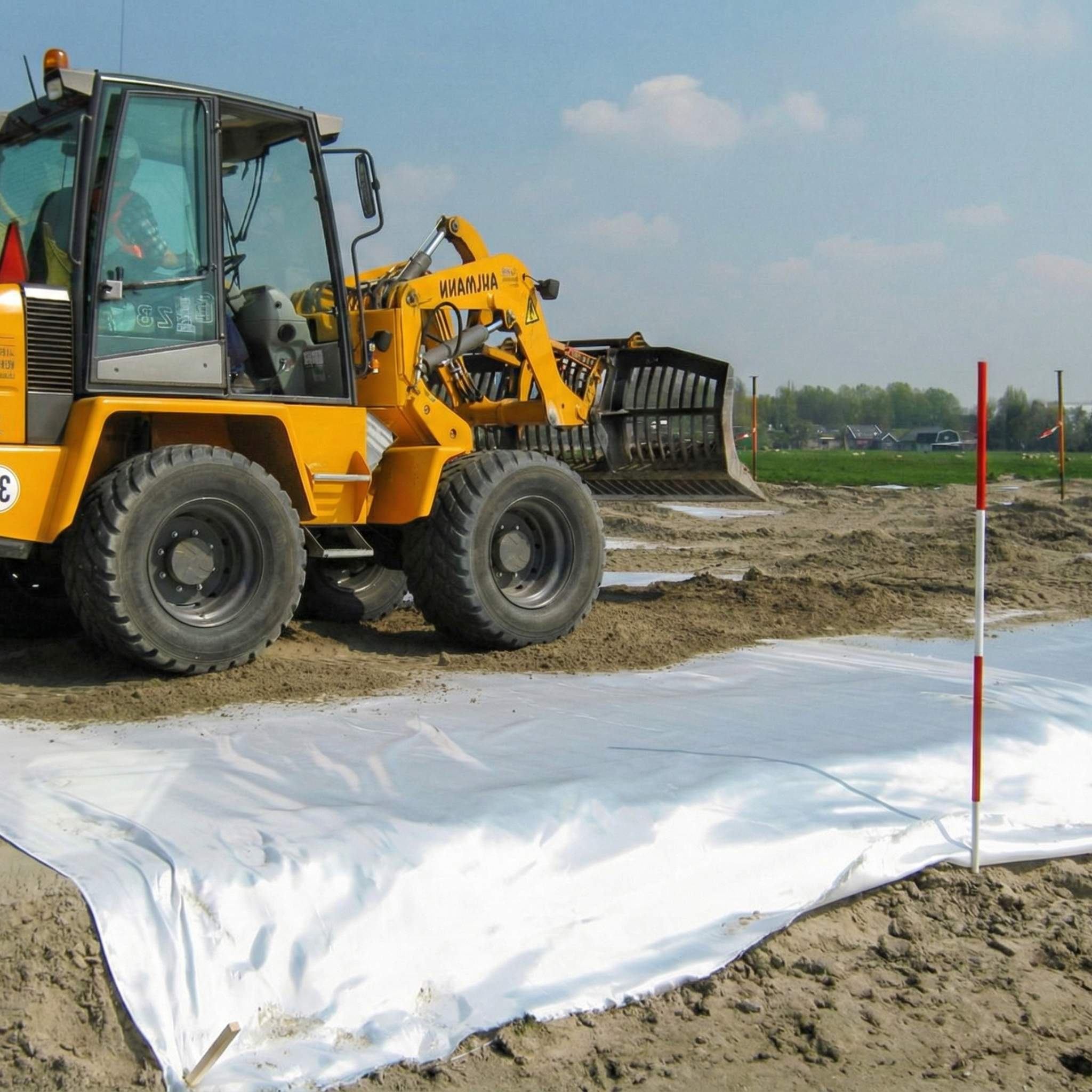 Tractor working over woven geotextile extended on the ground for road infrastructure projects in Santo Domingo.